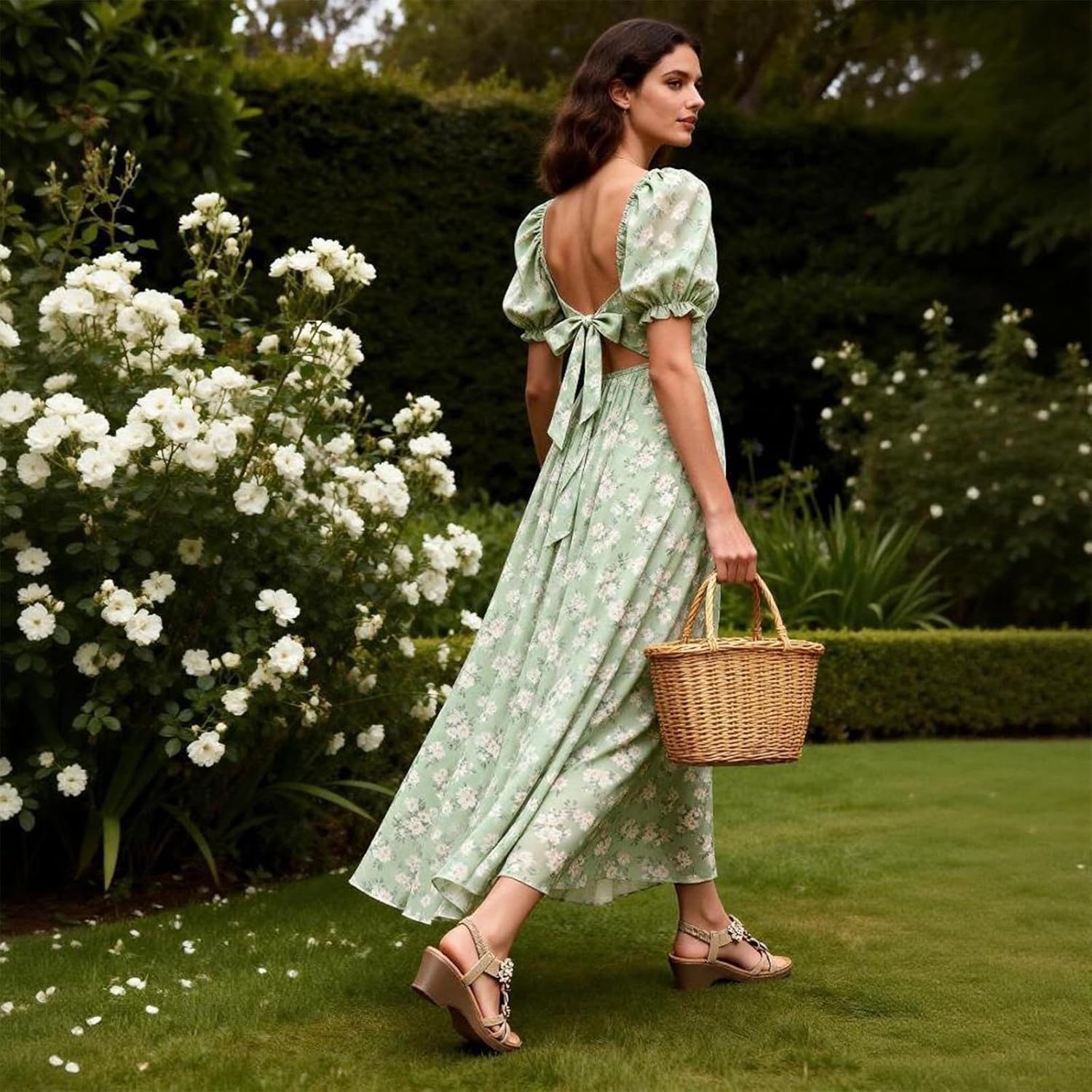 TETSUO Women Wedge Sandal Flower Low Heels Sandals Comfortable Summer Beach Walking Rhinestone Shoes for Women Open Toe Ankle Elastic Back strap T-Strap Dressy Bohemian Shoe - Image 3