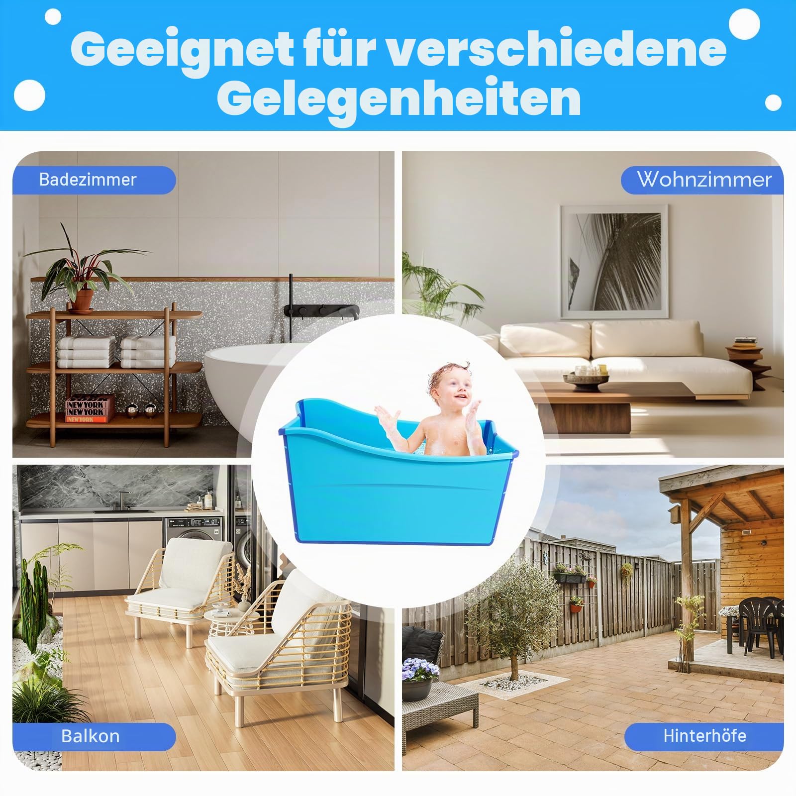 Faltbare Badewanne, Freistehend Badewanne für Baby Erwachsene, Spa-Badewanne Erwachsene Bad Wanne, Klappbadewanne für Dusche, Kleines Badezimmer, 87x46x56.5cm, Blau