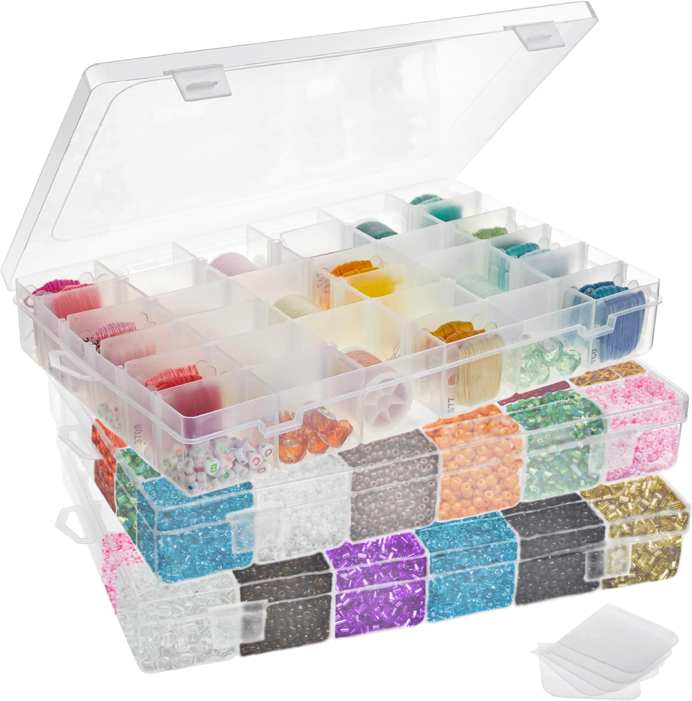Juvale Jewelry Organizer Box - 3-Pack, 1.7 x 10.75 x 7 In, Clear Plastic - Bead Storage Containers with 36 Compartments & Dividers - Stackable Screw Organizer Box