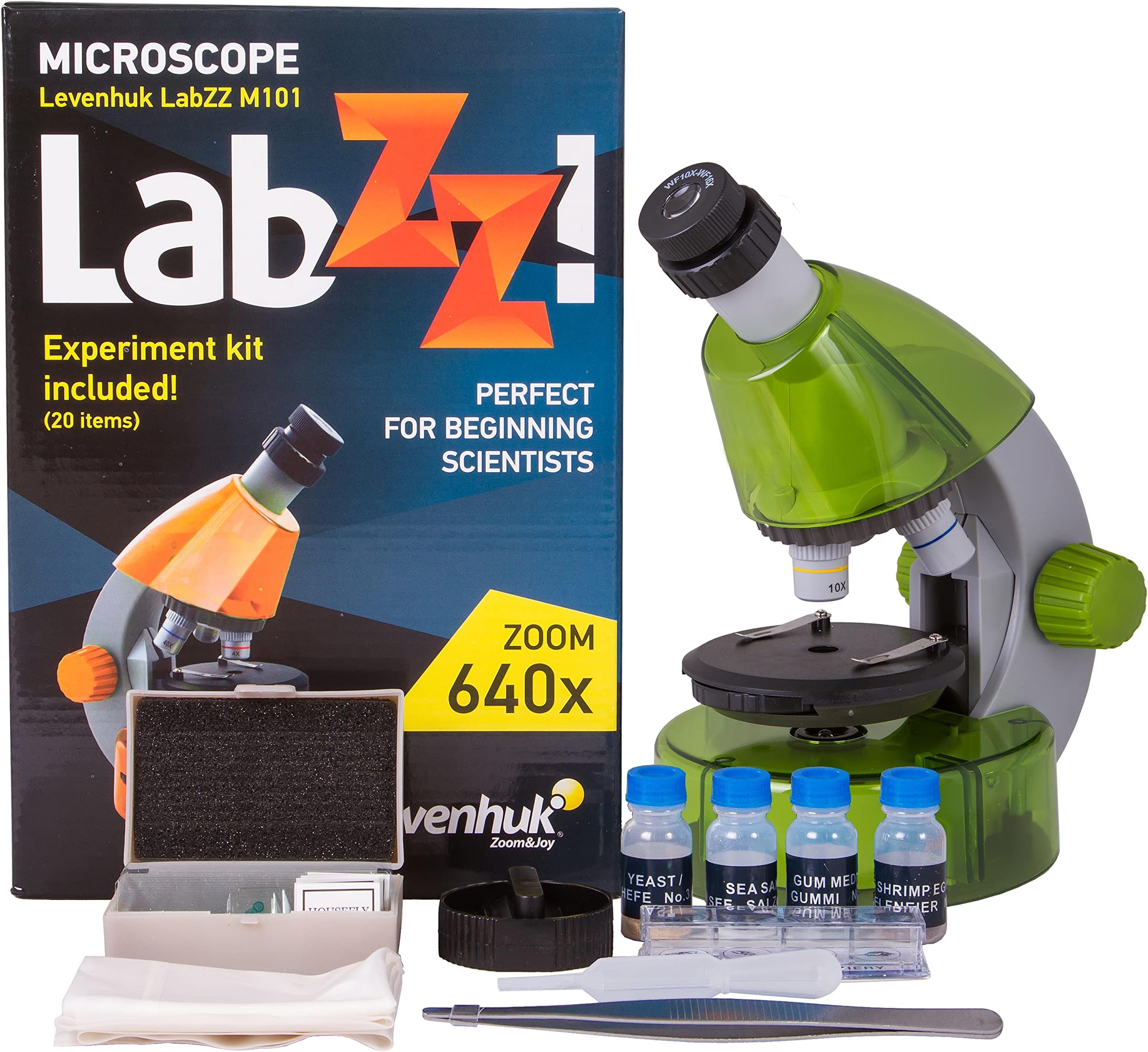 Levenhuk LabZZ M101 Lime 640x Portable Educational Kids Microscope Science Kit with LED Light, STEM Toys Accessory Set, Blank & Prepared Sample Slides, Beginner Experiment Guide for Children (DE)