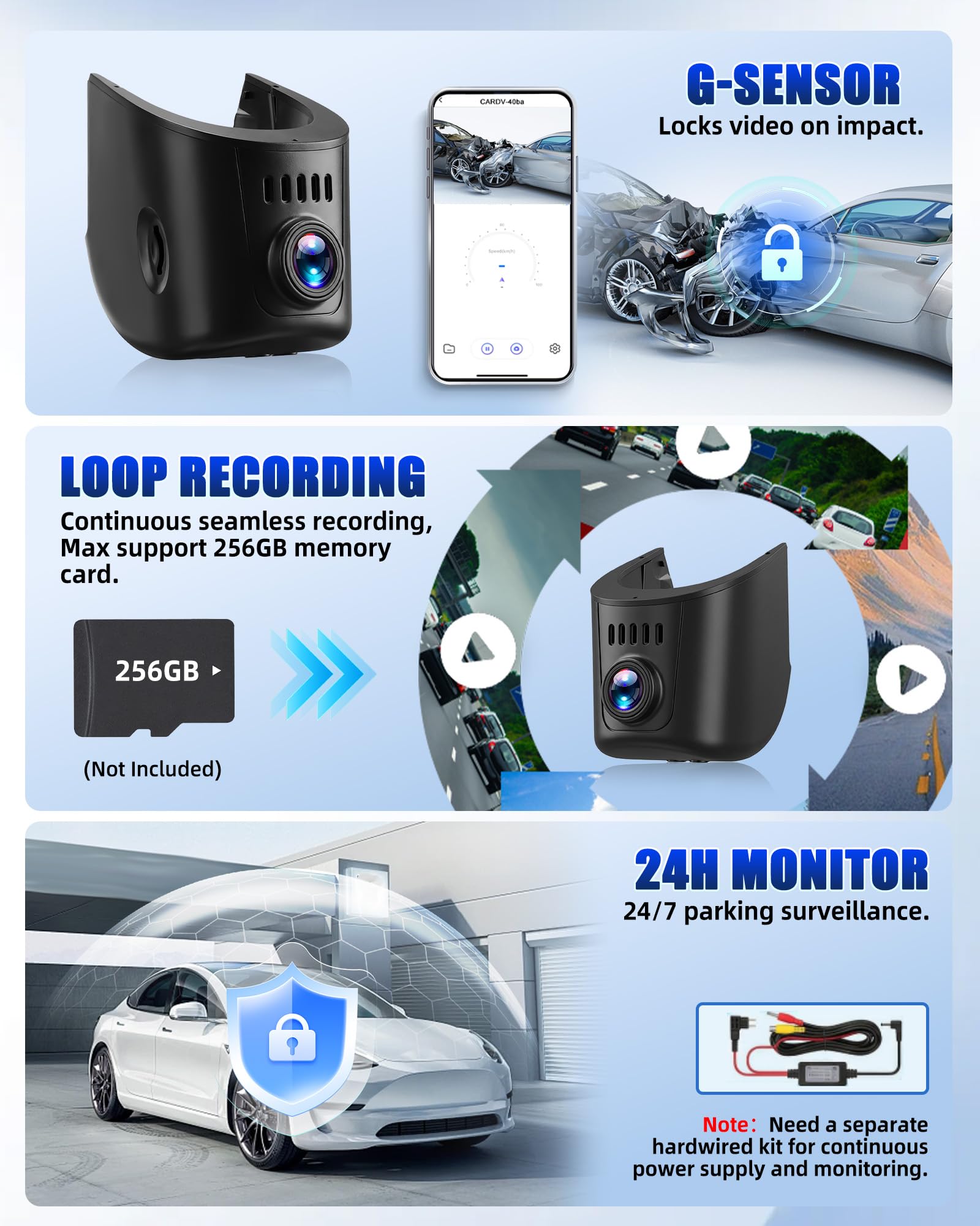 CAMECHO Visione Notturna 4K UHD 2160P Dashcam per Audi (Modello A) 2019-2026 TT A3 A4 A5 A6 A7 A8 Allroad Q3 Q5 S6 Q7 S3 S4 S5 S7 S8 RS3 RS5 RS6 e-tron, 150° Telecamera Posteriore con WiFi sensore G