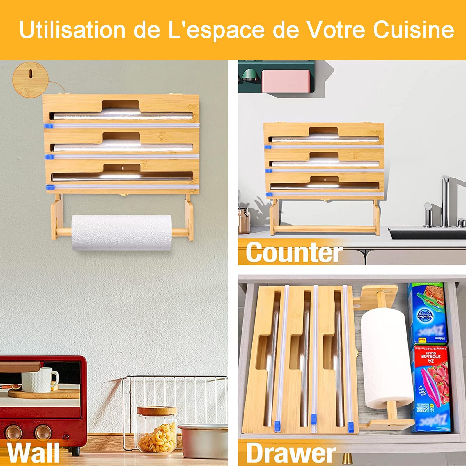 Dispensador de papel de plástico con cortador, organizador 4 en 1 para papel de aluminio, papel y toalla de papel, almacenamiento de bambú para rollos de 12 pulgadas
