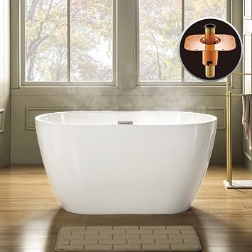 WOODBRIDGE 48 "أكريليك حوض استحمام قائم بذاته معاصر ، أكريليك أبيض ، نيكل مصقول / فائض ، BTA1703-B / N-Drain & O