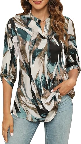 Zattcas Womens Floral Printed Tunic Tops 3/4 Length Roll Sle