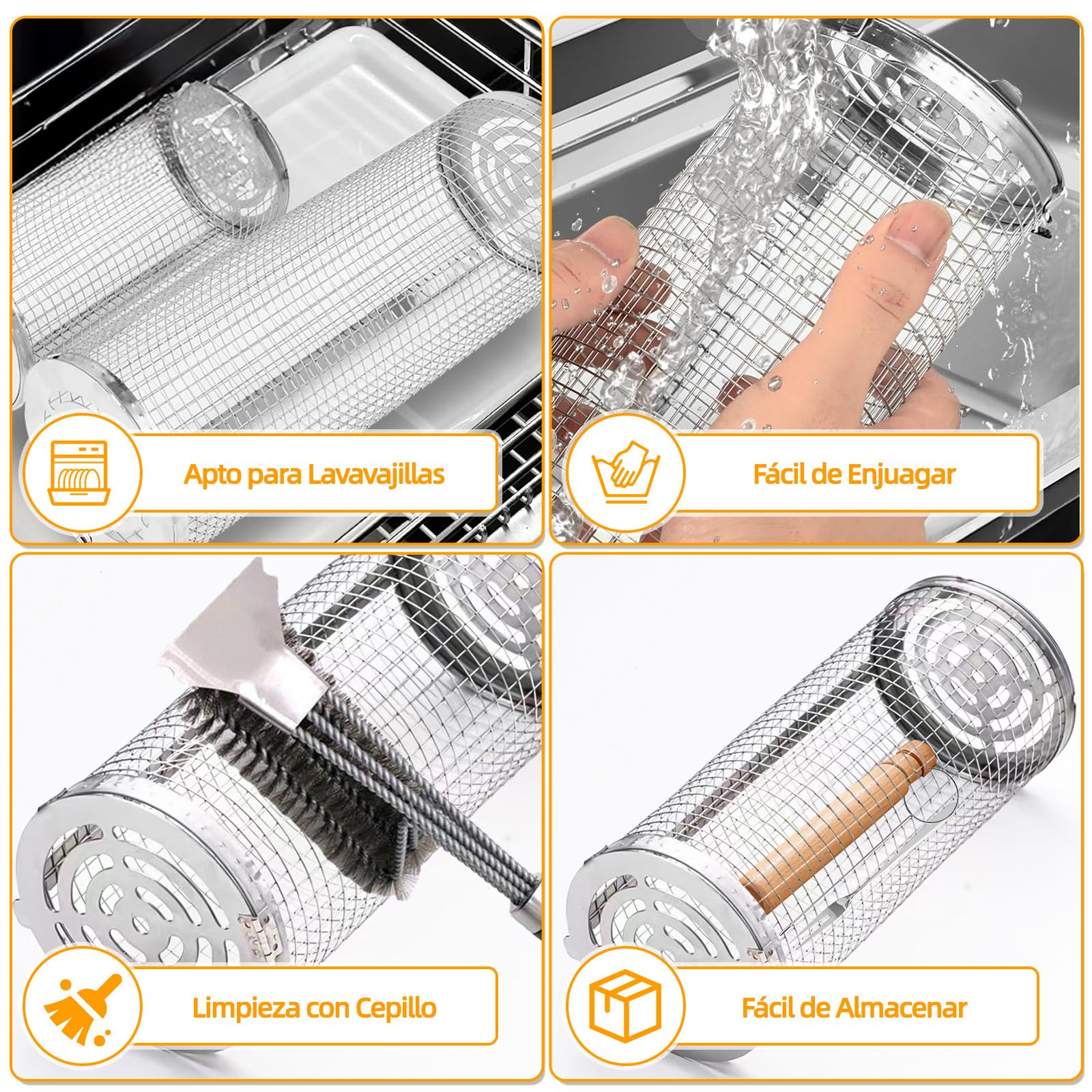 Juego de 2 Cilíndrica Parrilla Barbacoa Acero Inoxidable 304, Accesorios Barbacoa con Mango de Madera Extraíble, Utensilios bbq para Asar Verduras, Carne, Parrilla Cesta para Gas, Carbón Barbacoas