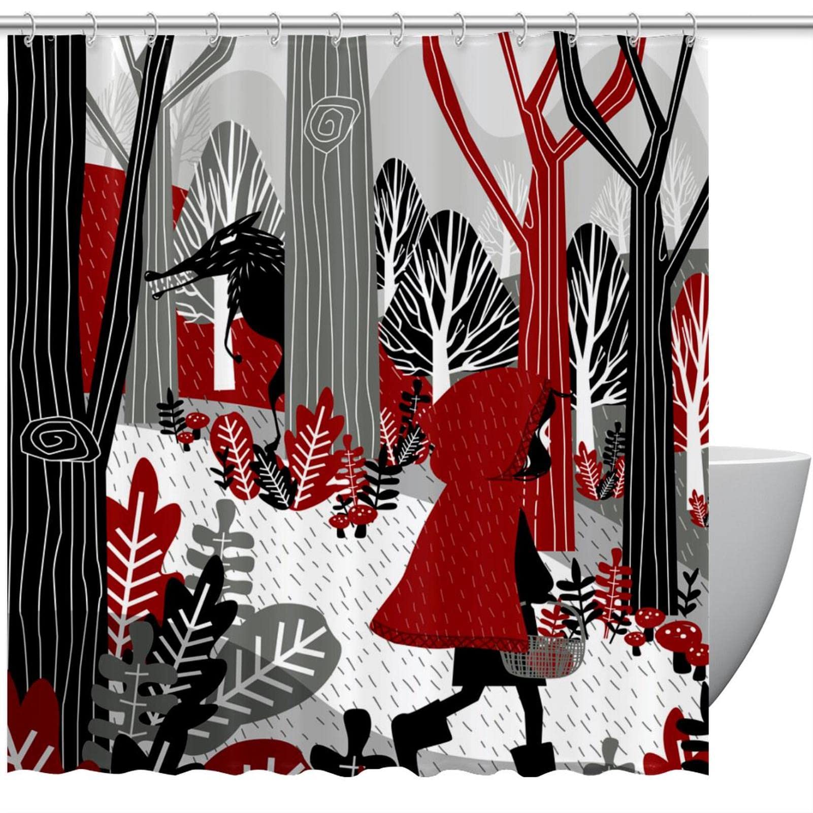 Rideau de douche bande dessinée fille et loup grand format 60x72 avec 12 anneaux