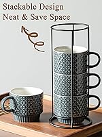 Vista 3 de Gomakren Juego de Tazas de Café de 4 Piezas, Juego de Tazas de Café Apilables de 13 Onzas con Soporte, Taza de Café Navideña de Gres con Cuchara Gris
