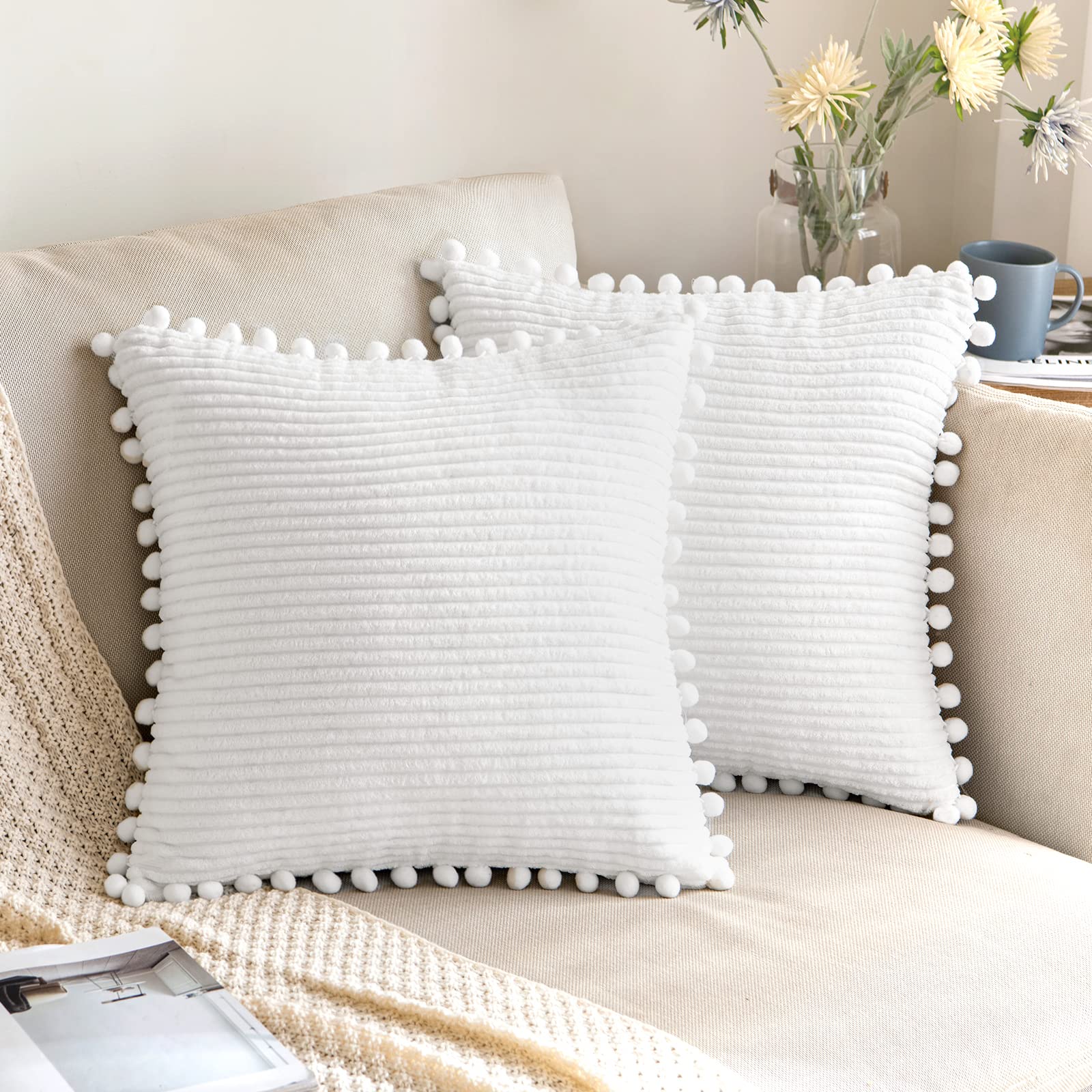 ANRODUO Pack of 2 Throw Pillow Covers with Pom-poms Corduroy Cushion Case 18x18 Cute and Soft Boho Throw Pillow Covers Decorative Pillows Covers for Couch Sofa Bed Living Room Fall Pillow Covers White
