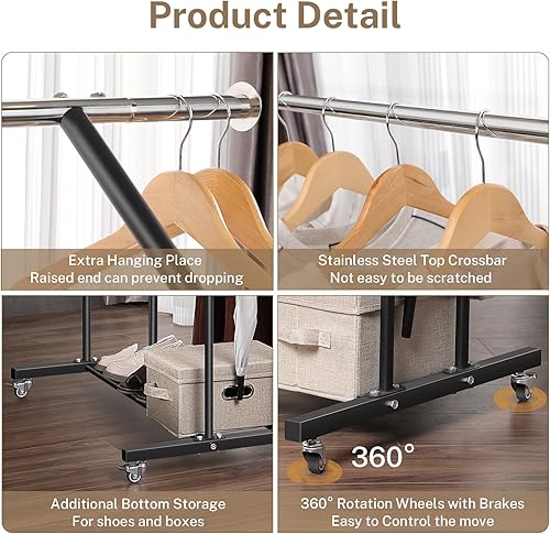 Miniatura 29 de Perchero de ropa resistente de 55.51 pulgadas con ruedas y estante inferior, perchero con ruedas y estante inferior, percheros de ropa de capacidad