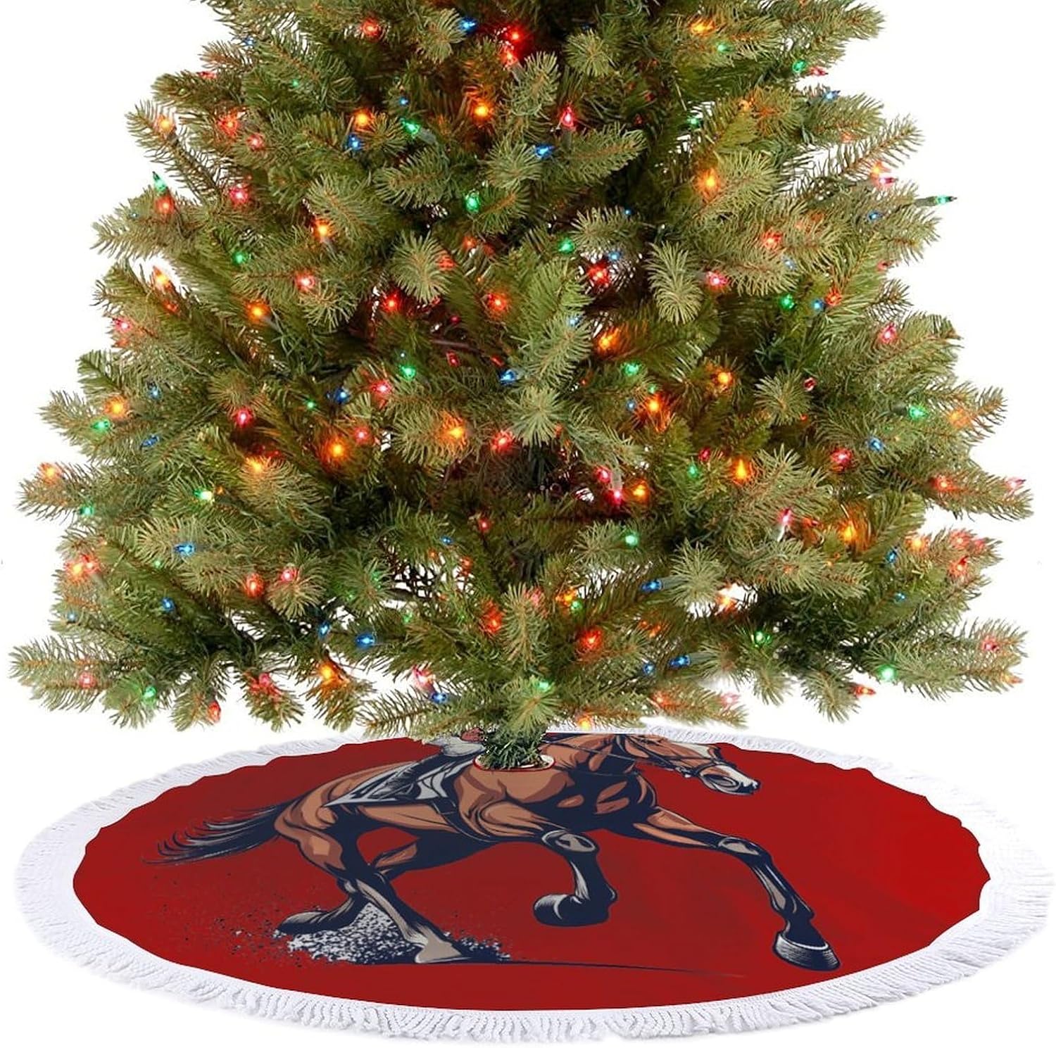 Horse Racing Christmas Tree Skirt Round Xmas Tree Mat Ornaments Tree Skirts with Tassels for Holiday Party