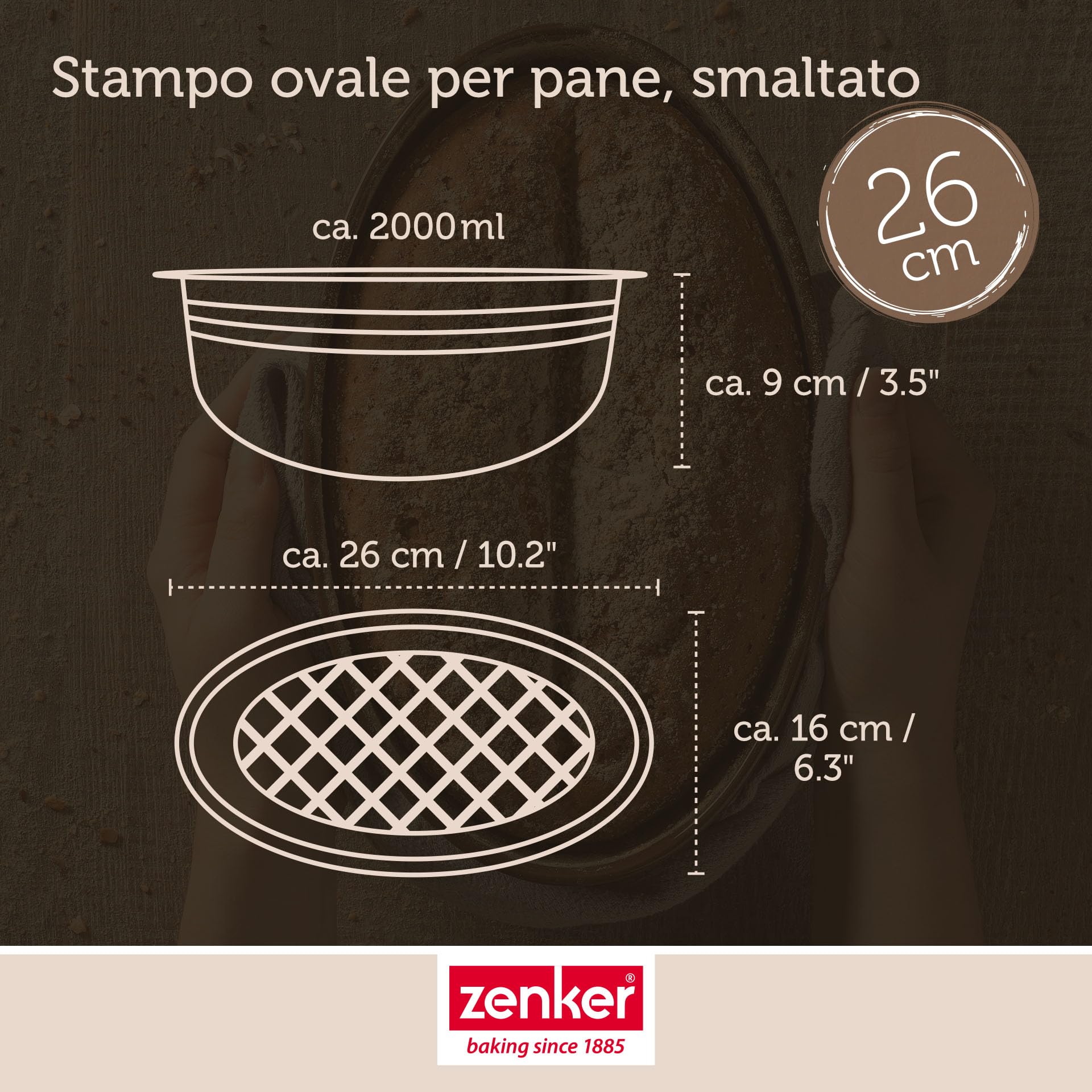 Zenker Stampo per pane "Your Brot!" smaltato, marrone, 2000 ml, 265 x 165 x 92 mm, resistente al calore fino a +400 °C, lavabile in lavastoviglie