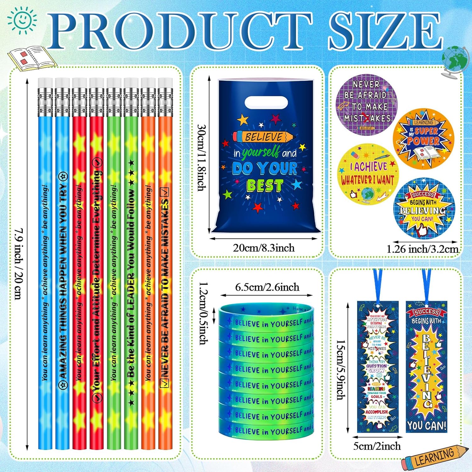 125 Packs Growth Mindset Assortment Items Bulk Motivational Reward Supplies Believe in Yourself Wristbands Pencils Bookmarks Stickers Inspirational Bags for Encourage Positive Growth Mindset