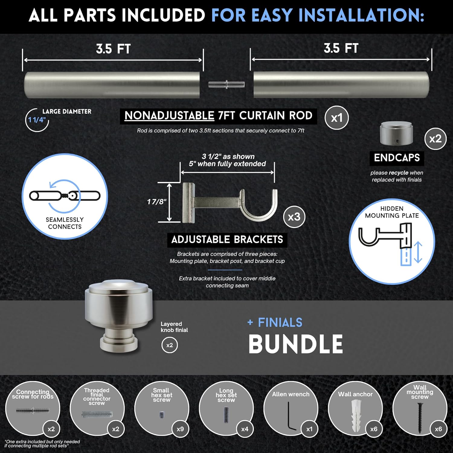 7 foot Custom Curtain Rod & Layered Knob Finials Bundle – Luxury Nonadjustable 1 ¼” Large Diameter with Designer Finials & Premium Quality Mounting Brackets – Brushed Nickel Finish