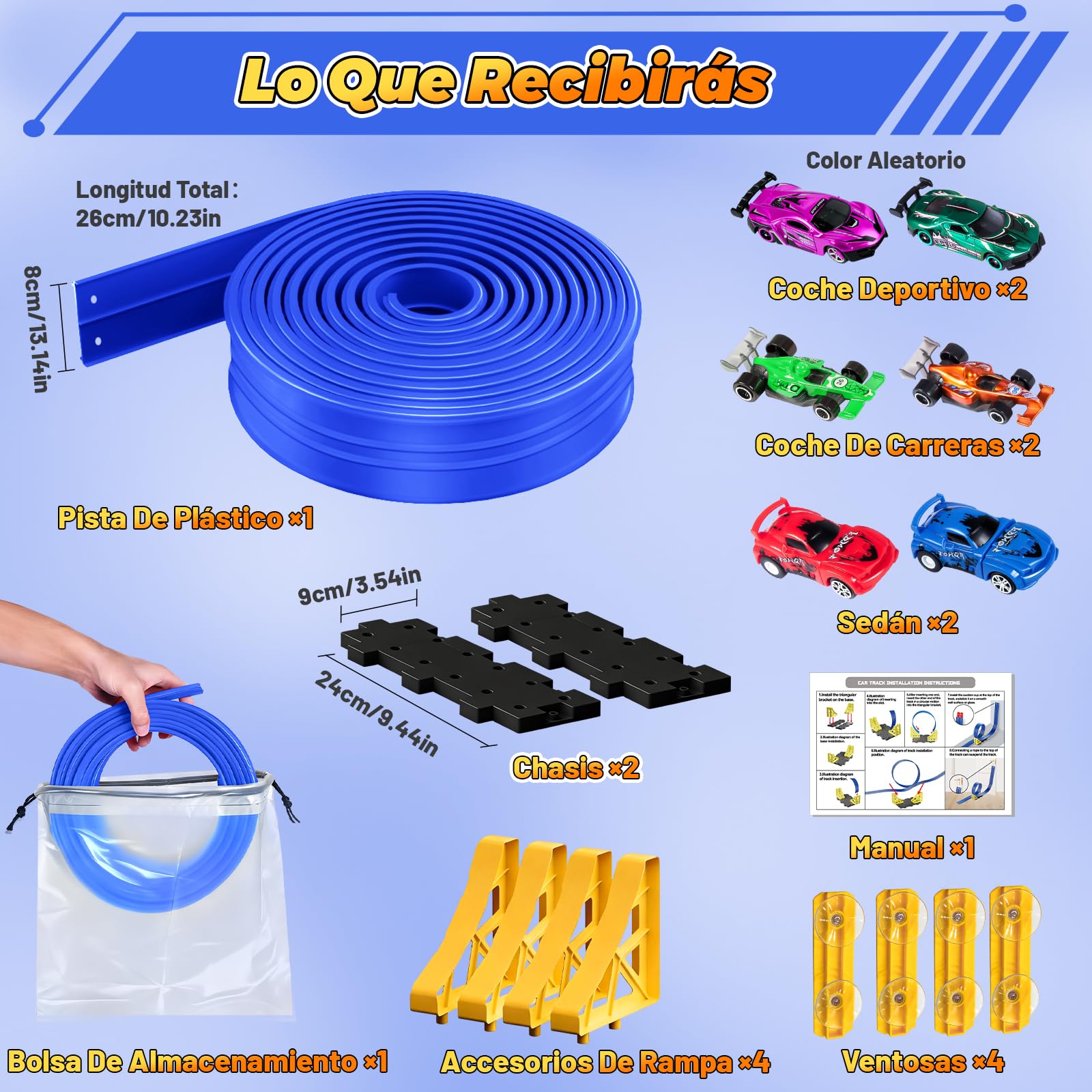 Pista Coches Flexible, 5M Circuito Coches Flexible Portátil con 6 Coches de Juguete 1 Bolsa de Almacenamiento 2 Rampas 4 Ventosas Flexible Car Track para Niños 4 5 6 7 Años (Azul)