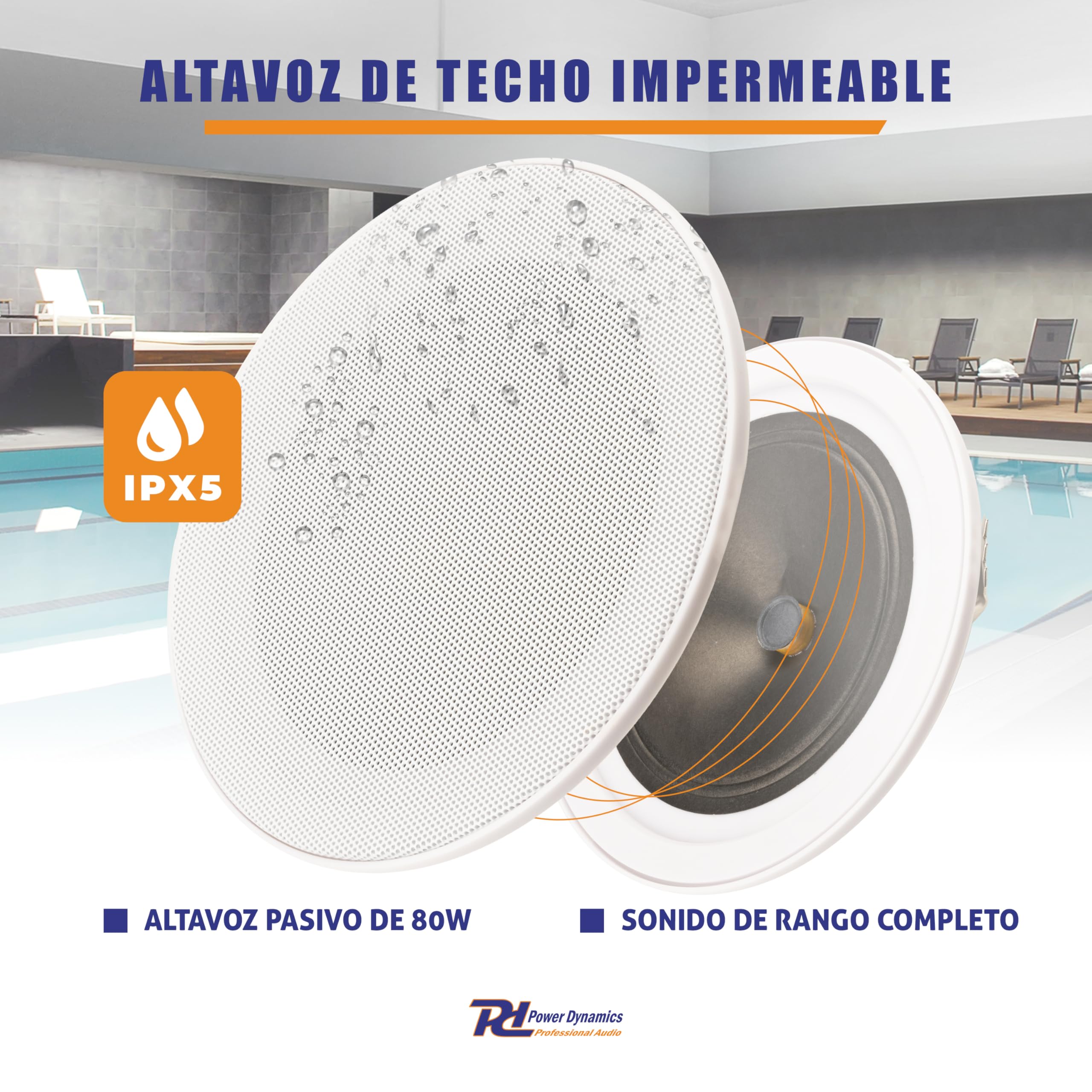 Power Dynamics MSLP50 Altavoces de Techo Marinos Resistentes al Agua - 5" 80W, Altavoz de Techo con clasificación IP, Altavoz de Ducha para Cocina y Techo, Doble Cono, diseño sin Borde de Perfil bajo