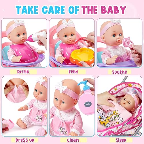 Miniatura 7 de Golray Juego de juguetes de muñeca de bebé de 12 pulgadas con cochecito para niñas de 3, 4, 5, 6 años, 26 piezas, babydoll con accesorios, almohada,