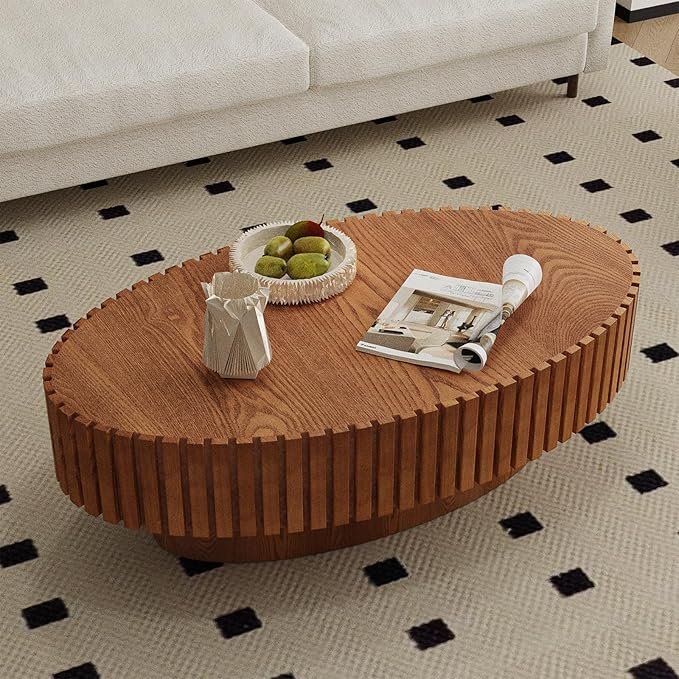 Oval Fluted Coffee Table Handcraft Drum Coffee Table Solid Wood Veneer Tea Table Center Table Modern Wooden Cocktail Tables for Living Room Farmhouse (Walnut Oval 43.3")