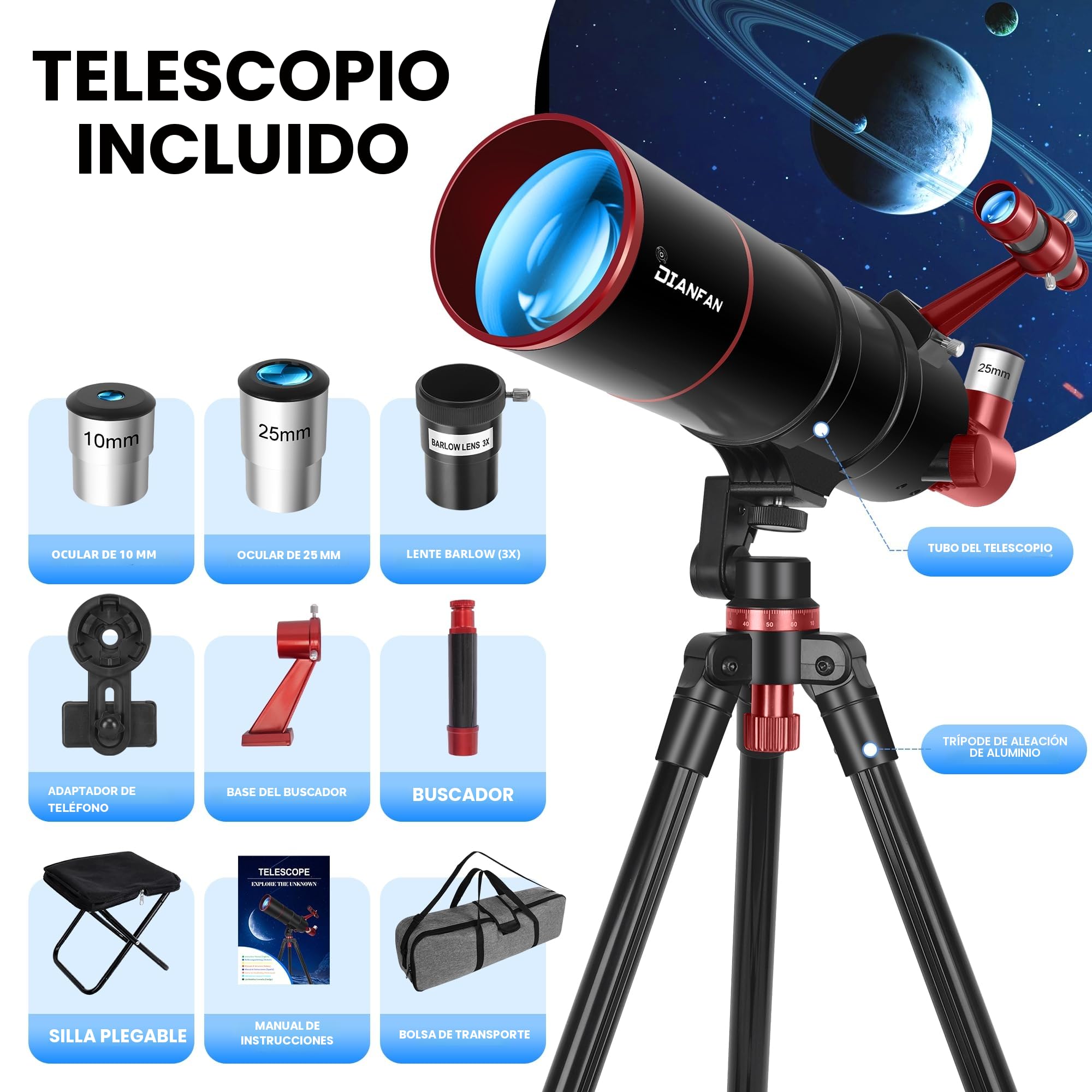Dianfan Telescopio 90/550 Astronómico para Adultos, Telescopio Refractor Portátil para Principiantes con Montura AZ, Trípode, Adaptador para Teléfono, Bolsa de Transporte y Taburete Plegable