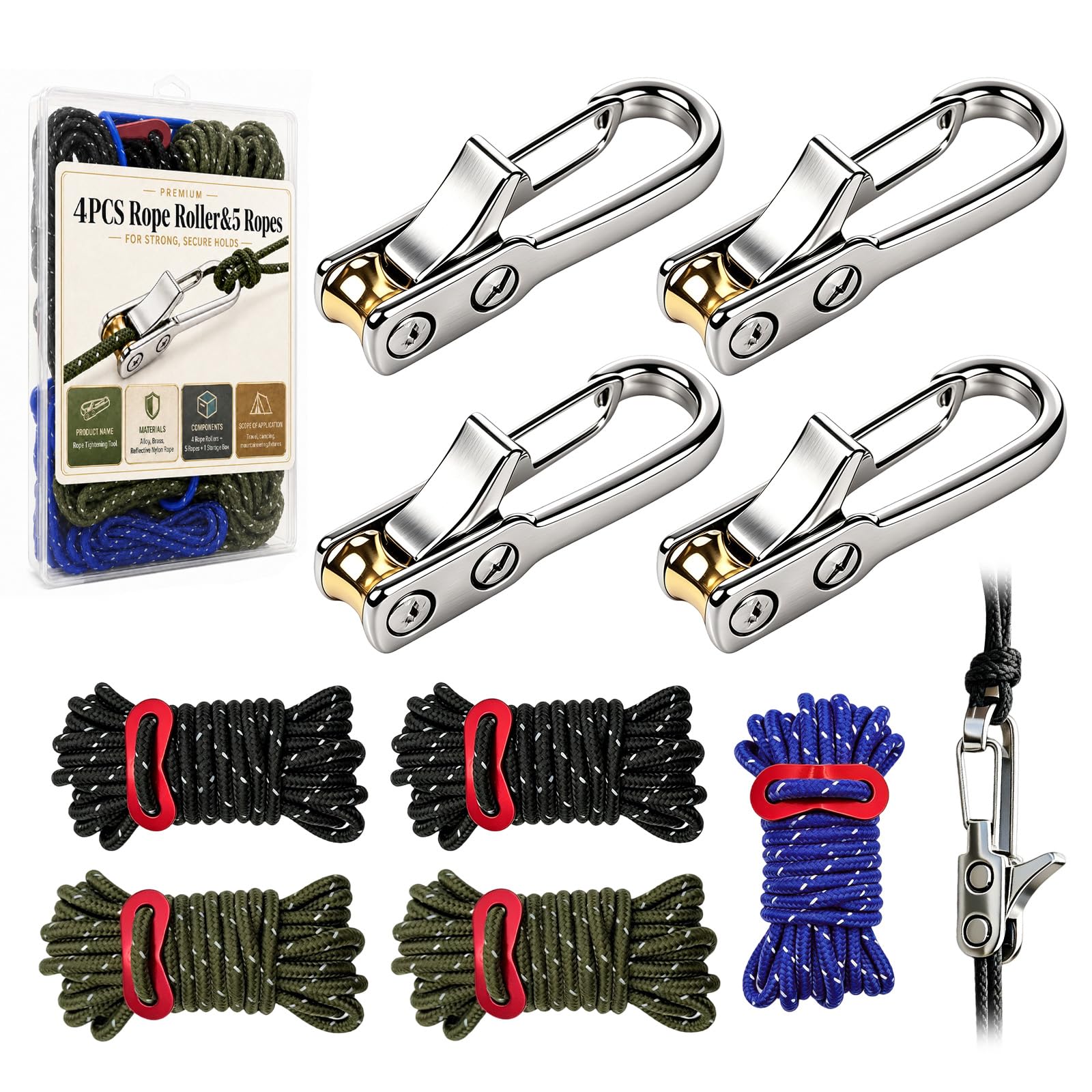 4PCS Rope Roller with 5PCS Guide Ropes, Nylon Rope Tensioner with Tent Guide Ropes for Camping Accessories