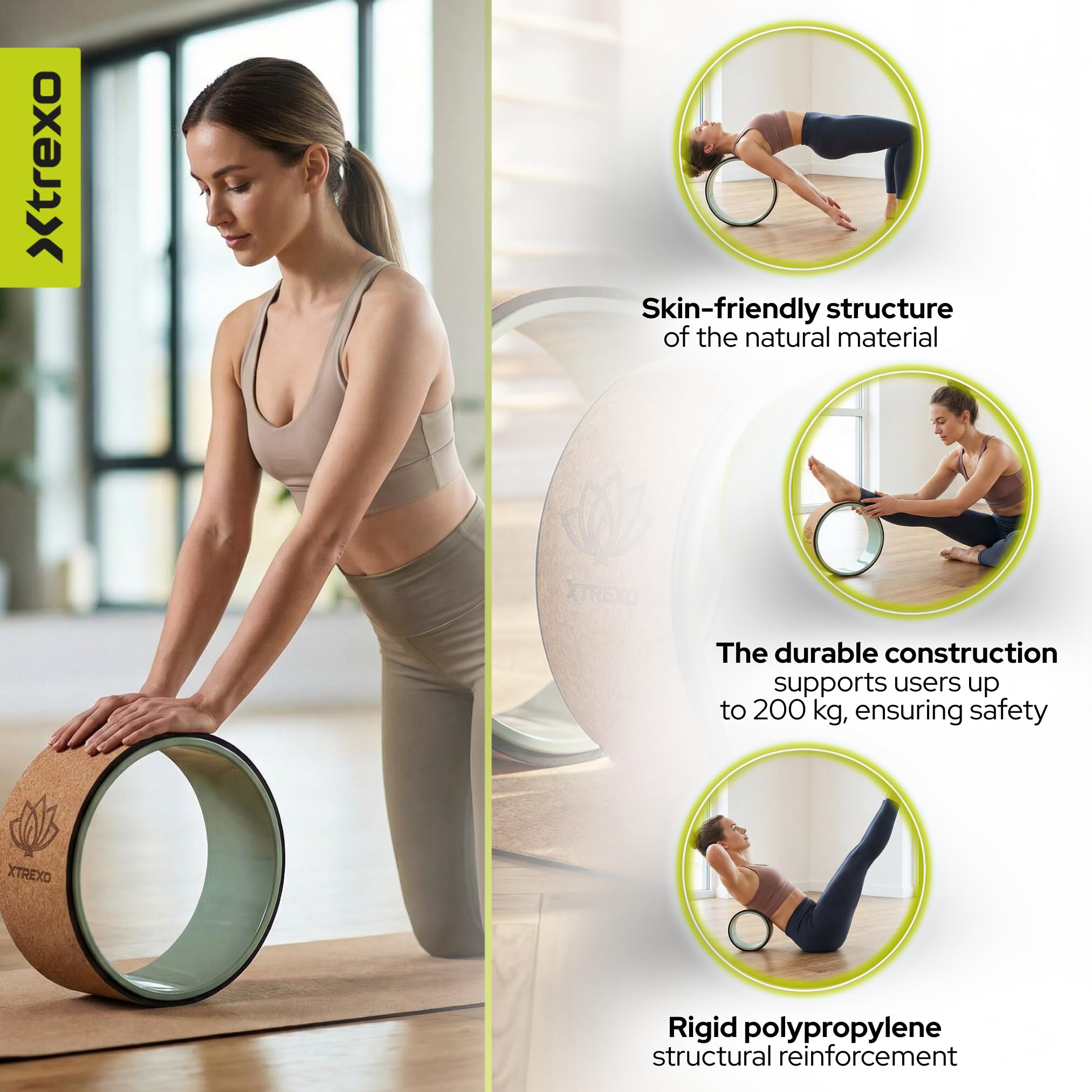 XTREXO FlowWheel 3 en 1 – Lot de roues de yoga Vert olive (grand/moyen/petit) Antidérapantes pour étirement du dos, équilibre et entraînement de cœur, yoga et Pilates