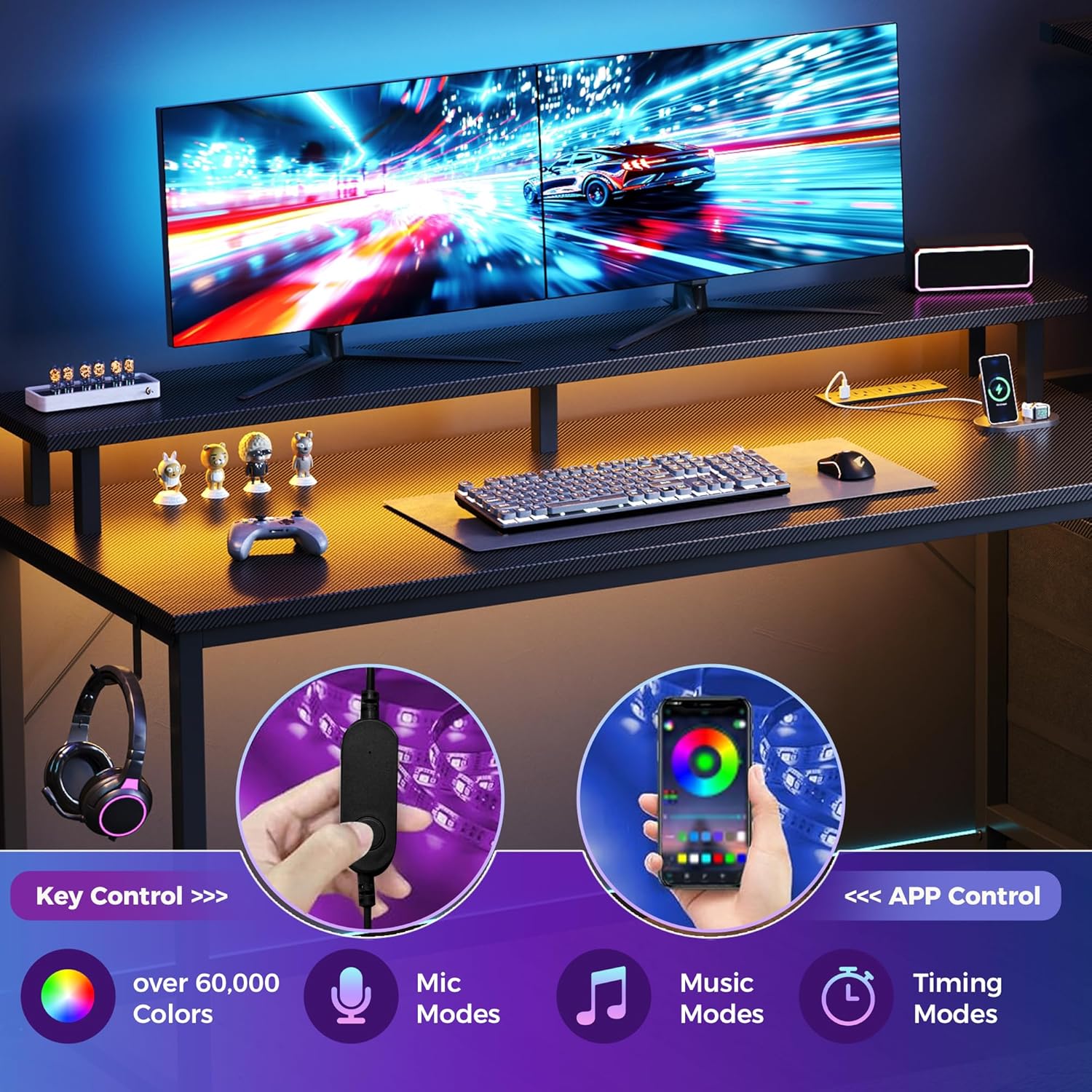 DUMOS L Shaped Gaming Desk with Shelves Storage Drawers 58'', Black Computer Desks with LED Lights Power Outlets, Office Wood Table with PC Stand Cable Management for Bedroom Dual Monitor Streaming
