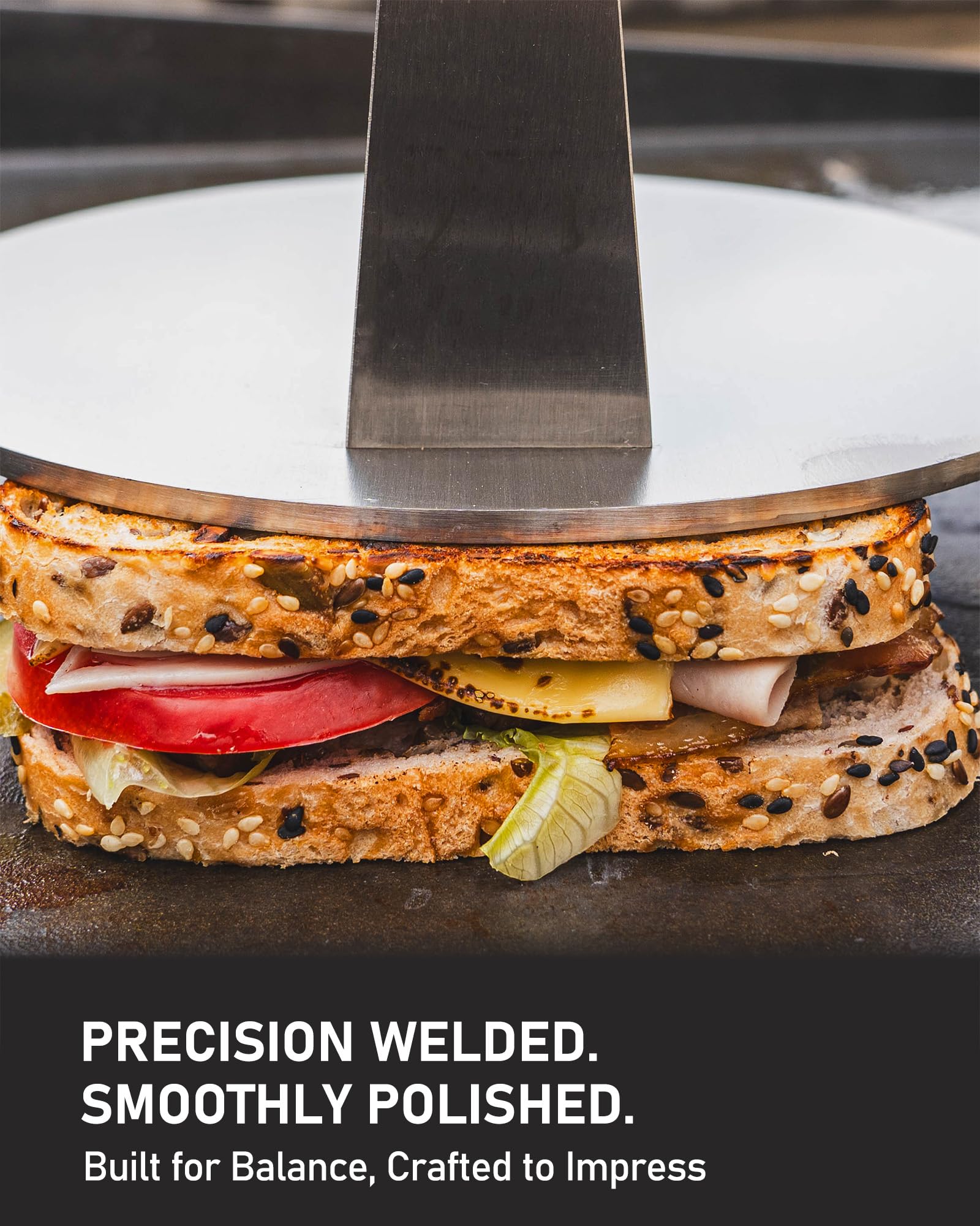 Burgerpresse aus Edelstahl, schweres Speckgewicht mit coolem Buchenholzgriff, rostfrei, vorheizbar für Steak, gegrillte Käsesandwiches und Kochen mit flacher Oberseite (20,5 cm, rund)