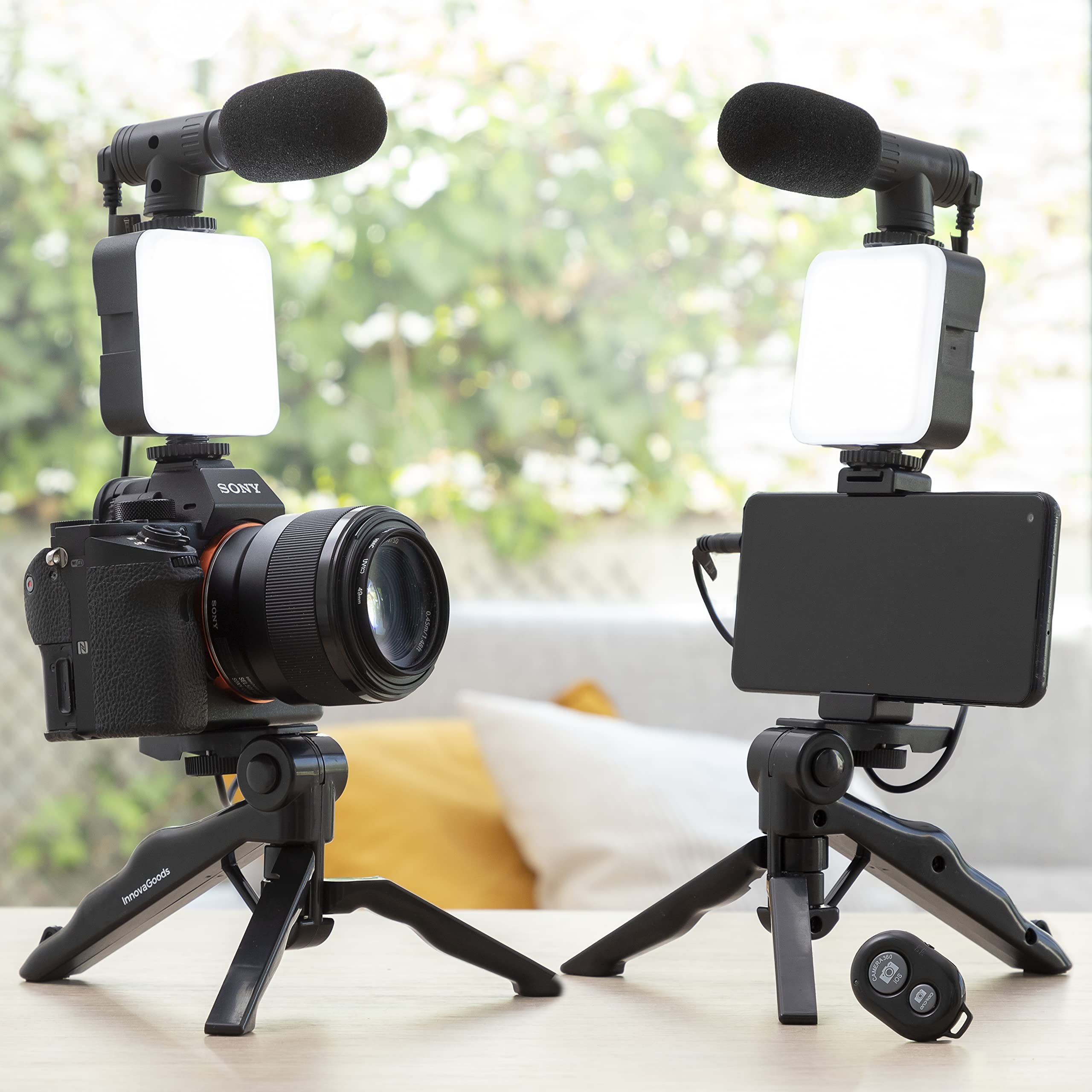 InnovaGoods® Kit de vlogging (6 piezas), tripode para movil graba vídeos de forma profesional, con aro de luz LED, micrófono y mando, ideal para vloggers, YouTubers y creadores de contenido.
