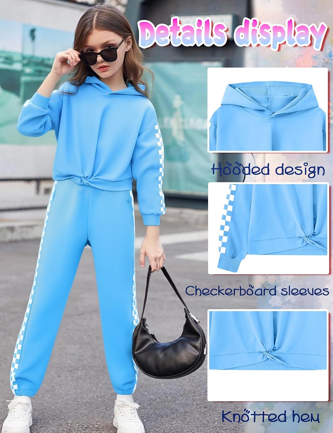 Girls 2 Piece Tracksuit Set Checkerboard Stripe Hoodie Sweatshirt and Pants Athletic Lounge Outfit 6-16Y