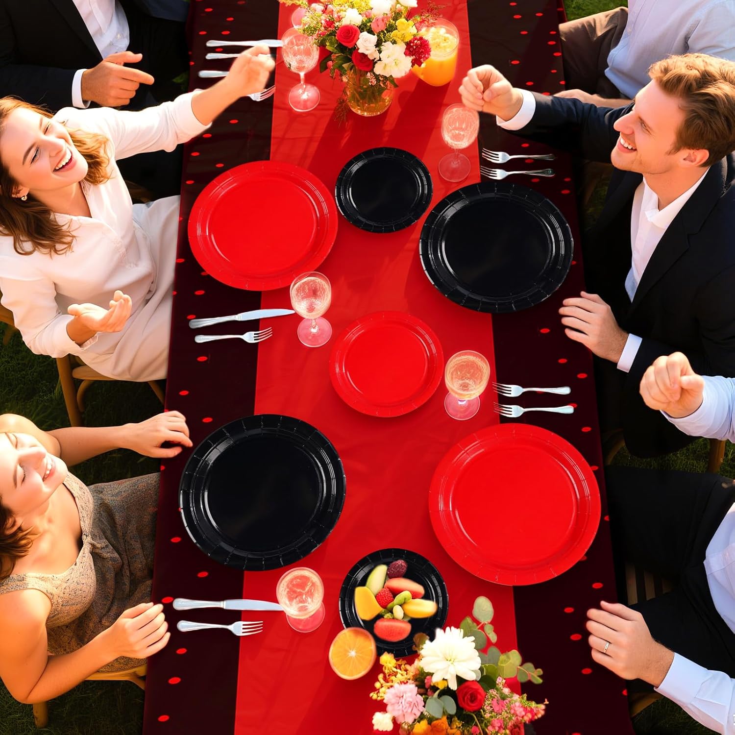 98 Pcs Red and Black Party Supplies Stranger Black and Red Paper Plates Napkins Forks Tablecloths Tableware Set for Graduation Fiesta Congrats Grad Holiday Birthday Wedding Party Decorations Serves 24