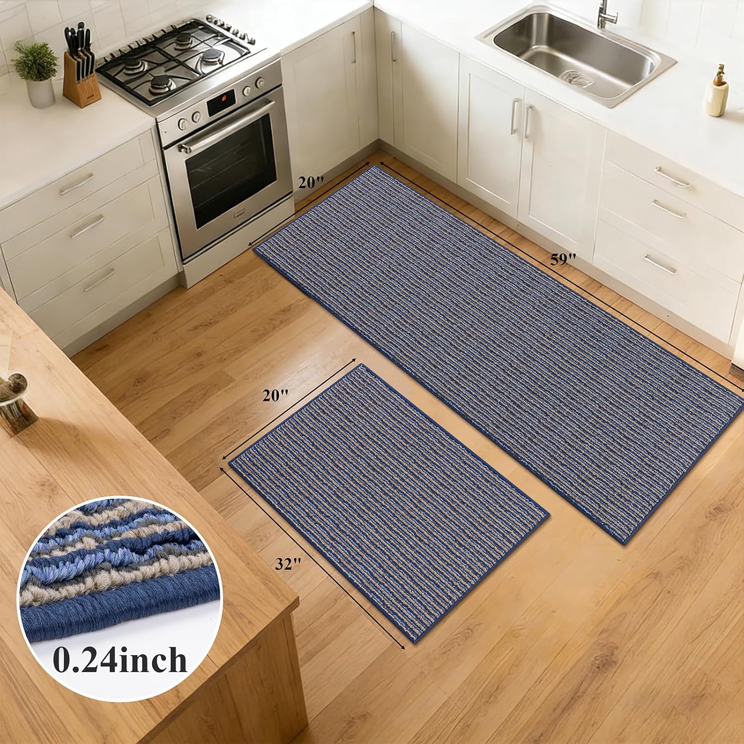 U'Artlines Kitchen Rugs and Mats Set of 2, Non Skid Washable Multicolored Farmhouse Kitchen Mats for Floor, Absorbent and Stain Resistant Floor Mat for Laundry, Sink Decor 20x32+20x59(Blue)