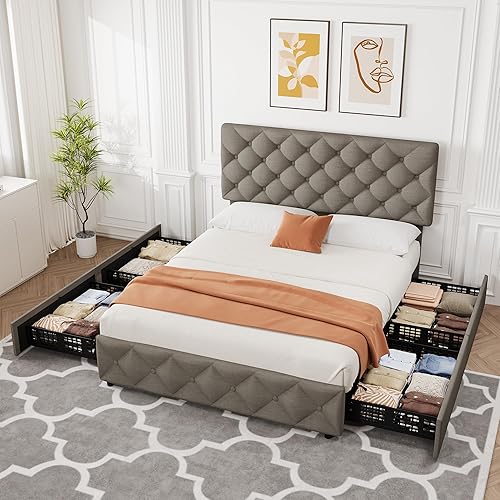 Miniatura 3 de IDEALHOUSE Base de cama tamaño Queen con 4 cajones de almacenamiento y cabecera ajustable, cama de plataforma tapizada de lino, botón cosido de