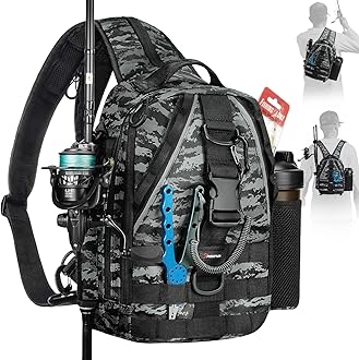 Piscifun Fishing Tackle Backpack with Rod & Gear Holder, Lightweight Outdoor Water-Resistant Fishing Shoulder Storage Bag, Black Camouflage