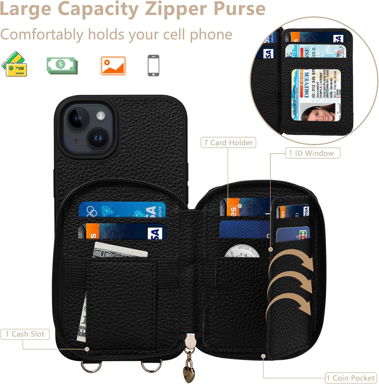 Keallce Case for iPhone 15 Plus 6.7 inch Case Wallet, Crossbody Zipper for iPhone 15 Plus with RFID Blocking Card Slots, Lanyard & Handstrap Flip Leather Cover for iPhone 15 Plus 2023, Black