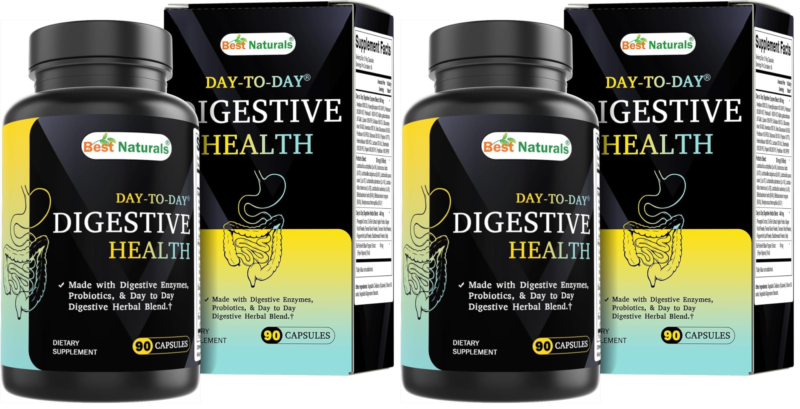 Best Naturals Day-to-Day Digestive Support 90 Veg Capsules - Made with Digestive Enzymes, Probiotics, & Herbal Blend - Made in The USA (Pack of 2) 90 Count (Pack of 2)