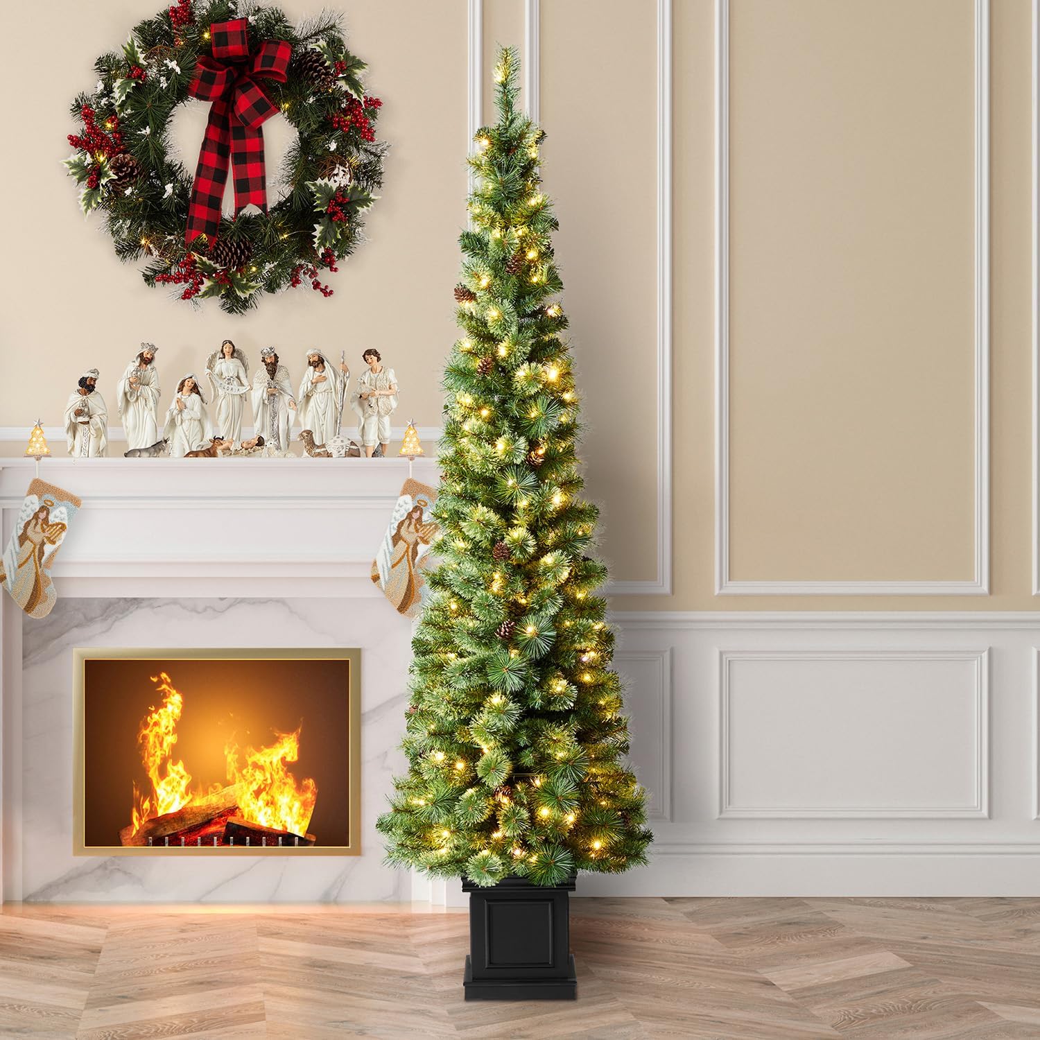 Glitzhome 7 FT Pre-Lit Artificial Christmas Tree, Lighted Entrance Tree Green Pine Christmas Porch Tree with 200 Warm White Lights,9 Functional Warm White/Multi-Color, Remote Controller