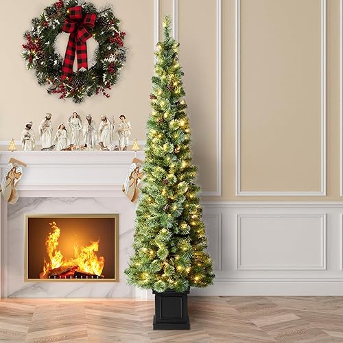 Vista 214 de Glitzhome Prelit Christmas Tree, 6ft Flocked Artificial Christmas Tree Serene Snowscape Fir with 300 Warm White Lights for Home, Office, Party