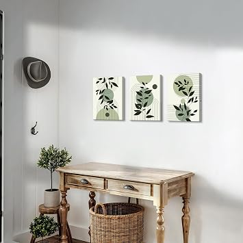 3 Pcs Boho Sage Green Framed Canvas Wall Art, Aesthetic Green Leaf Wall Art Modern Round Geometric Line Home Poster Canvas Painting Wall Decor for Bedroom Living Room Office Ready to Hang 30x40cmx3Pcs