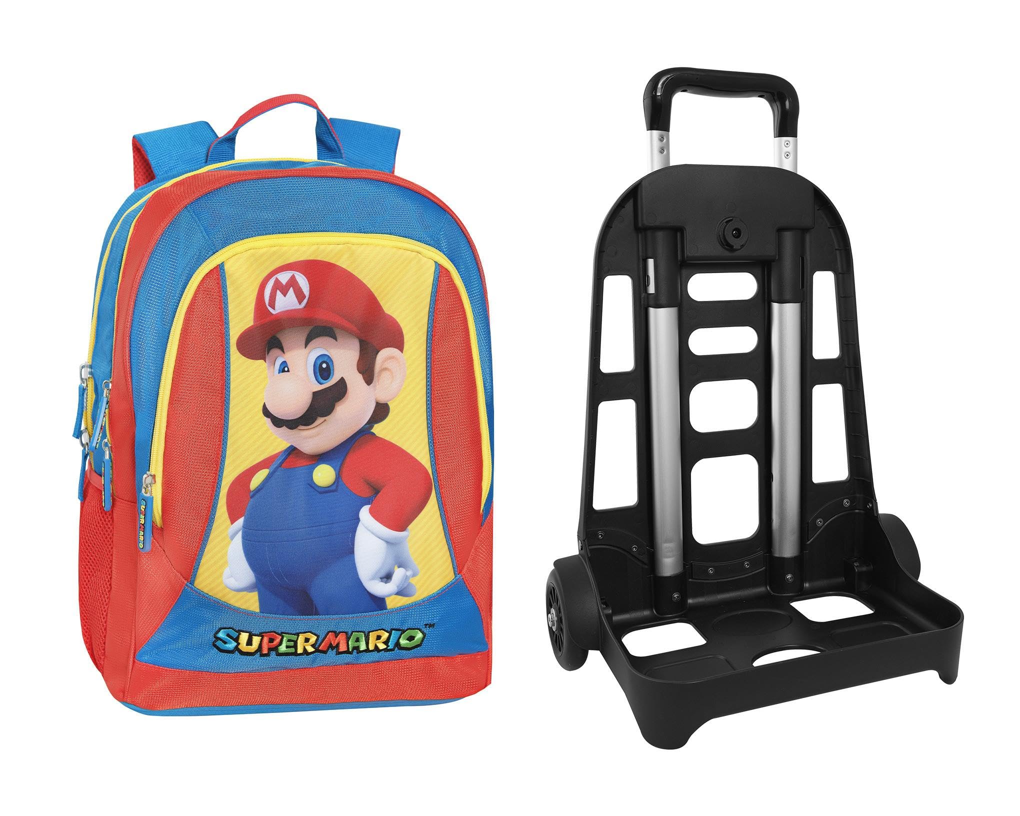 SUPER MARIO - Zaino Scuola Trolley Super Mario, Maniglia Regolabile, Trolley Staccabile, Spallacci Imbottiti e Regolabili, 2 Scomparti Principali, Tasca Frontale, Chiusure A Zip, 30x44Hx20cm