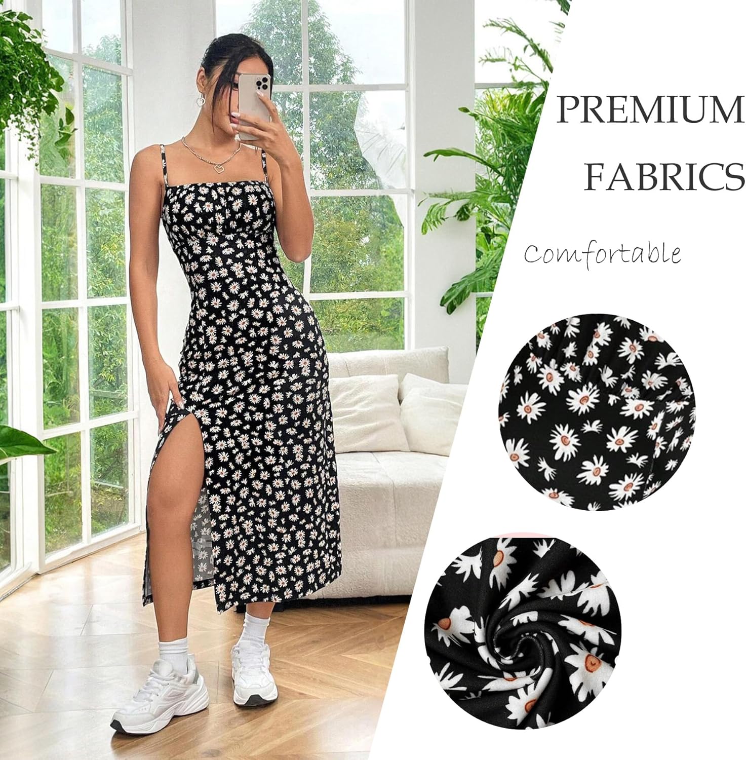 Women Summer Floral Midi Dresses Casual Spaghetti Strap Sleeveless Ruched Split Slit Long Dresses - Image 6