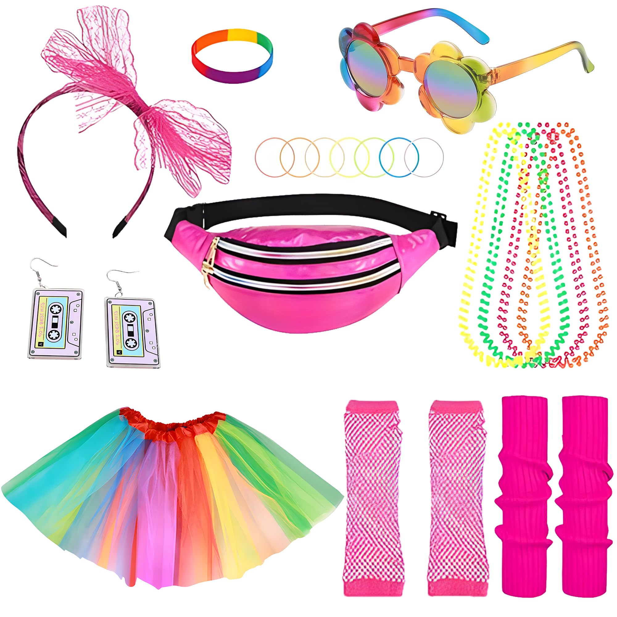 Jyeennar 80s Costume Accessories Set,Rose Red Fancy Dress with Tutu Skirt Leg Warmer Earrings Fishnet Gloves Necklaces Glasses Bracelets Headband for 1980s Theme Party