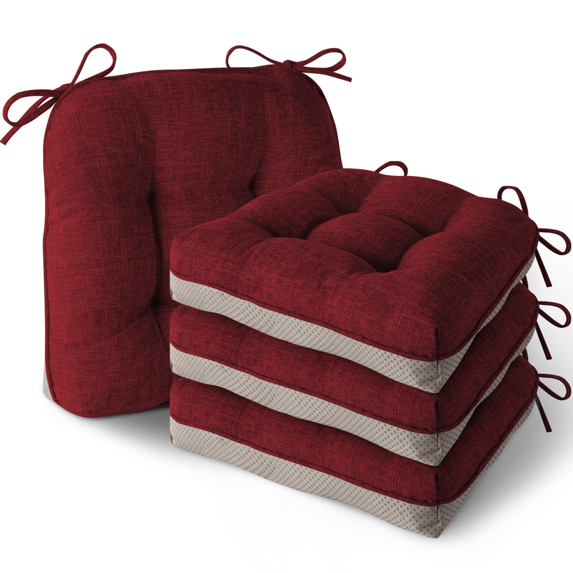 MineCozy Indoor Seat Cushions for Dining Chairs Non Slip Kitchen Chair Cushions Set of 4 Thick Tufted Seat Pads with Ties for Dining Room 40x40x8.5cm Red