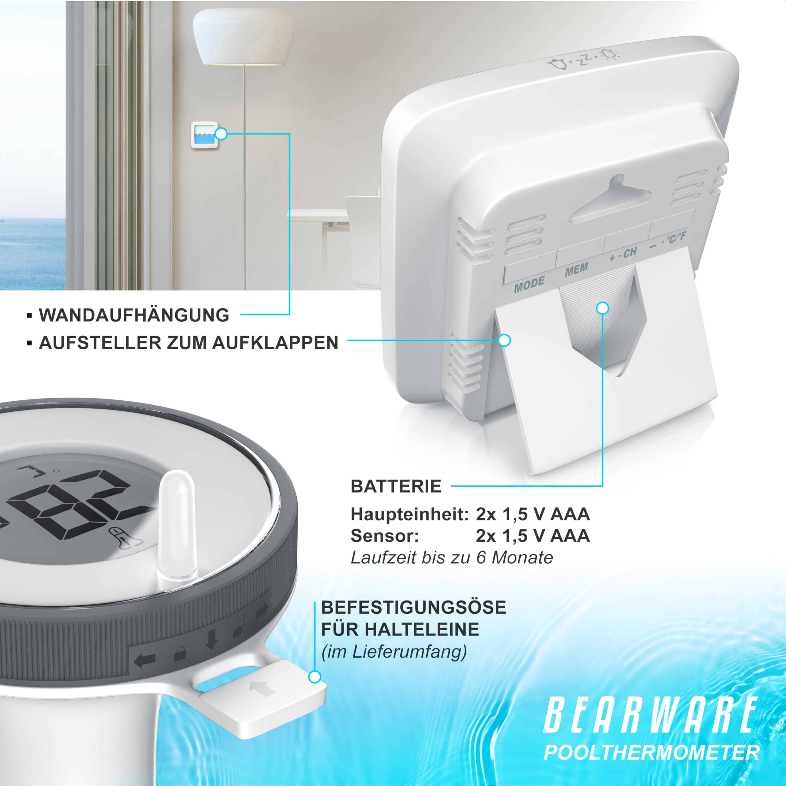 CSL - Poolthermometer Funk digital – Basisstation mit Schwimmer – Wassertemperatur Innentemperatur Luftfeuchtigkeit - DCF Uhrzeit – Pool Thermometer schwimmend mit bis 60 m Reichweite