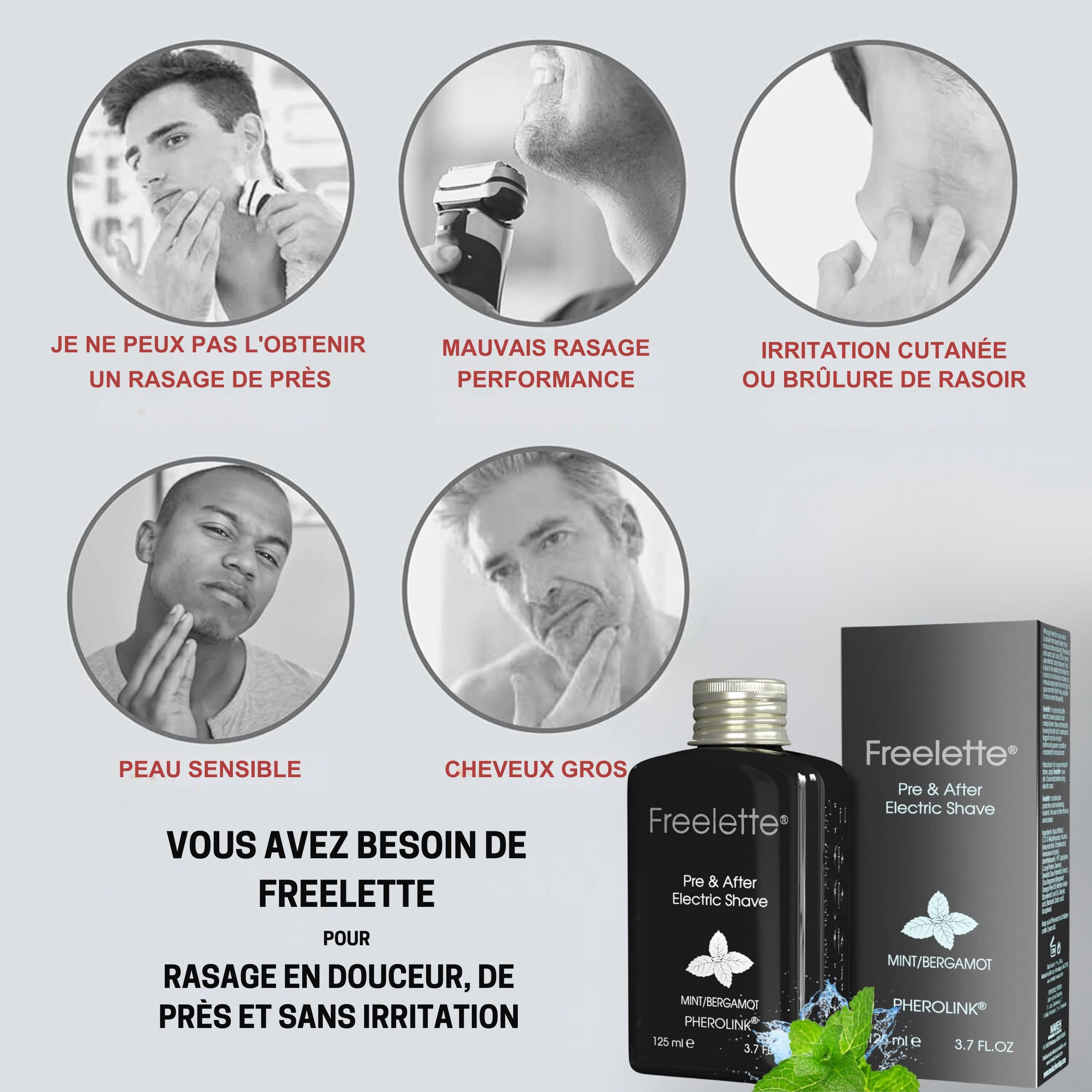 Crème Lotion Pré-rasage et Après-rasage Électrique - Idéal pour un Rasage de Près - Baume Lisse et Sans Irritation. Freelette (125 ml (Lot de 1), MENTHE/BERGAMOTE)