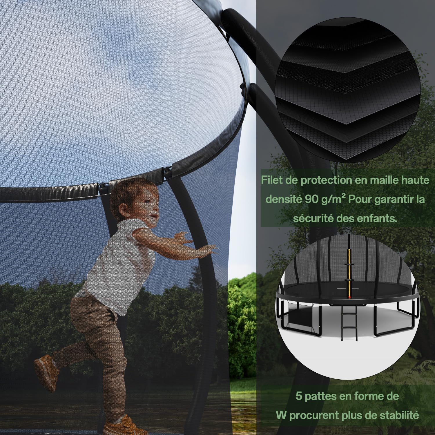 Flamaker Trampoline de Extérieur pour Enfants Ø366/427cm, Kit Complet avec Filet de sécurité, échelle, Housse de Bord, ancrage au Sol et Accessoires, Structure Stable, Charge 150 kg