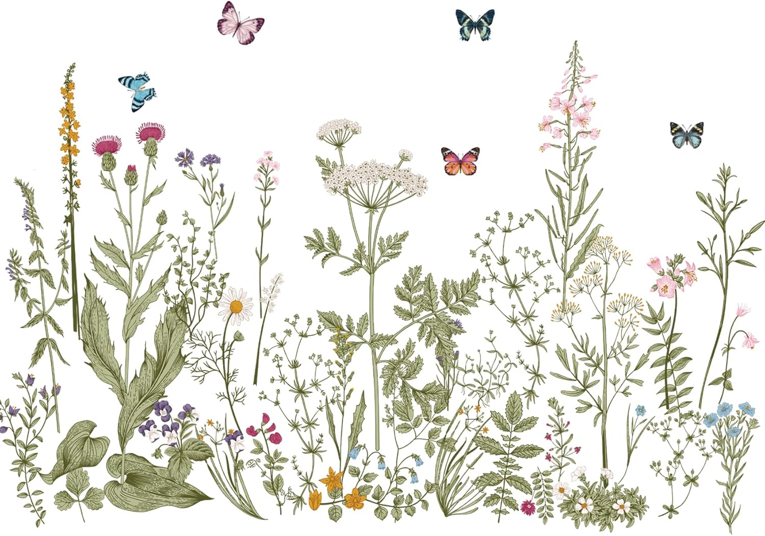 Wildflower Grass Wall Decals Butterflies Stickers Dragonflies Floral Wall Murals Peel and Stick Wall Art Decor Sticker for Girls Bedroom Living Room Office Home Decor
