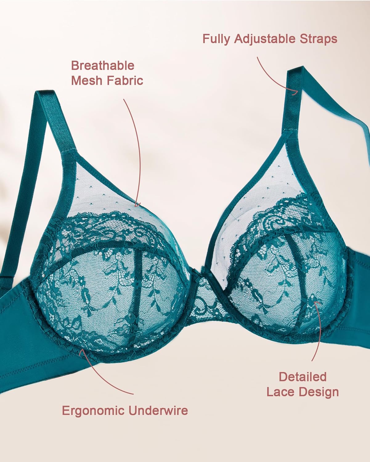 Minimizer Bras for Women - 38 D - Underwire Full Coverage Lace Bralette - Plus Size Supportive Unlined Bra for Large Breast Blue - Image 6