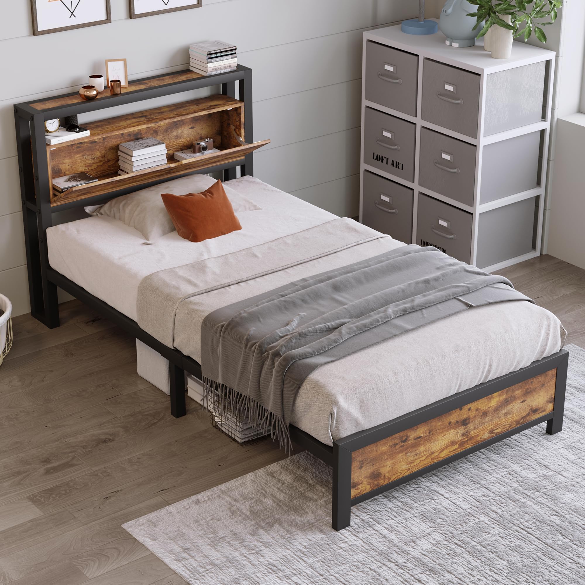 Gecheer Letto Singolo in Metallo con Testiera Contenitore, Letto per Ragazzi 90 x 200 cm in Metallo e MDF, Stile Industriale Nero for Camera da Letto Bambini e Adolescenti