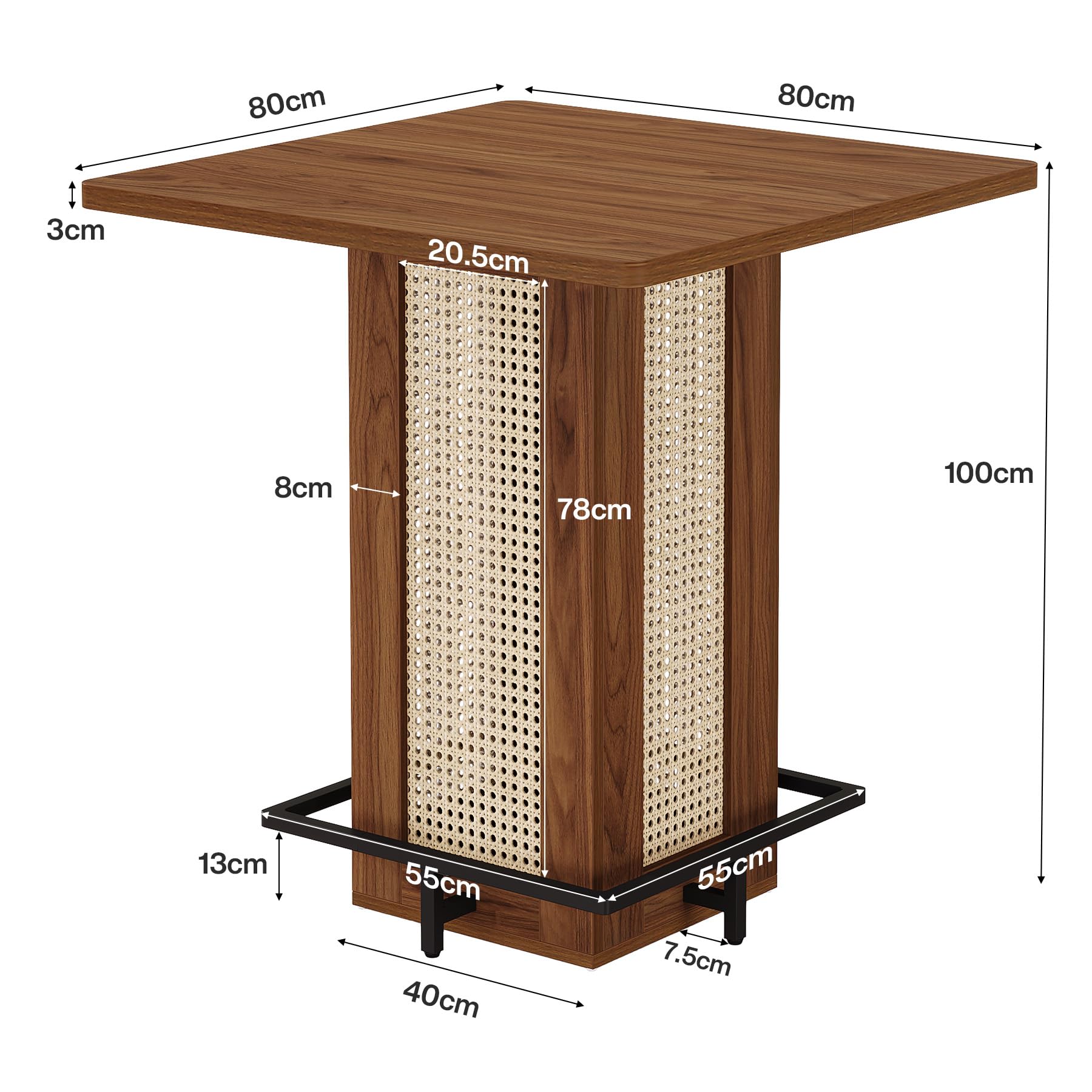 Tribesigns Table de Bar Carrée 80×80cm, Mange-Debout Bohème Cannage Rotin, Plateau Bois Marron Pied Métal Noir, Table Haute avec Repose-Pieds pour Cuisine Salon Café Balcon