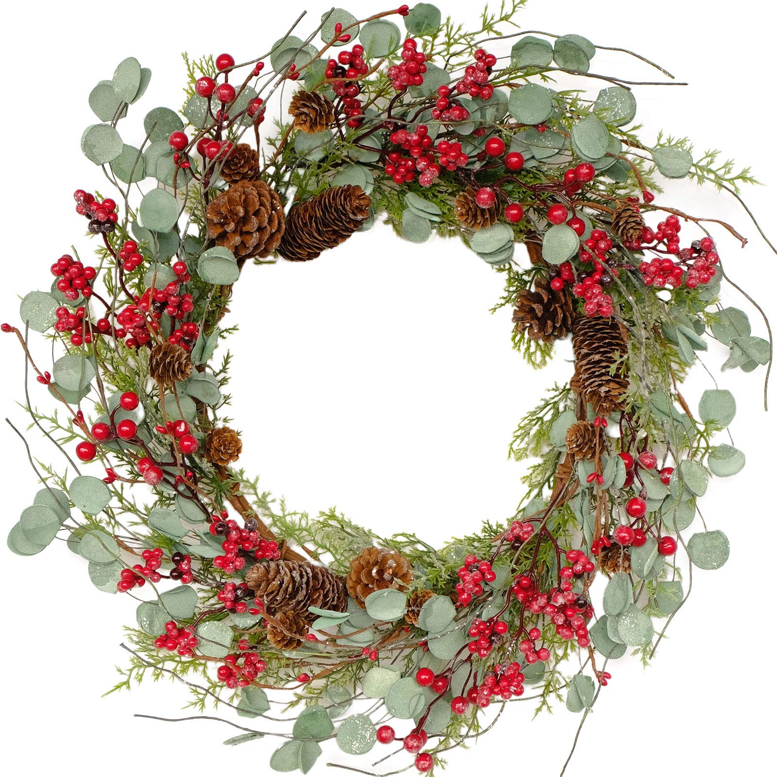 Bibelot 20 inches Red Berry with Pine Cones Wreath Christmas Wreath for Front Door Wreath Artificial Green Leaves Festival Decor Wreath Farmhouse Rustic Winter Home Wall Windows Decor (Red) â€¦