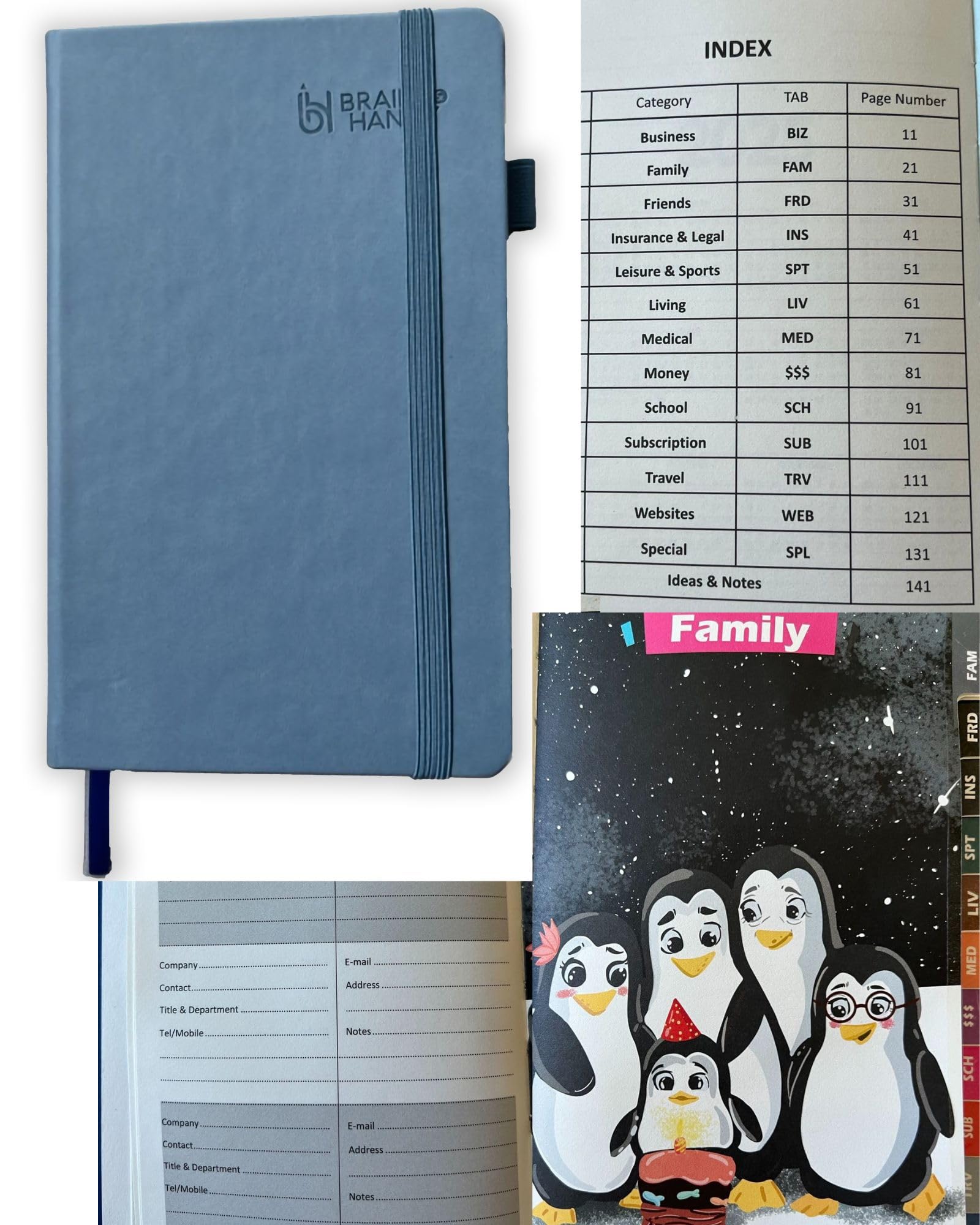 Caderno de informações pessoais com 13 abas de categorias para